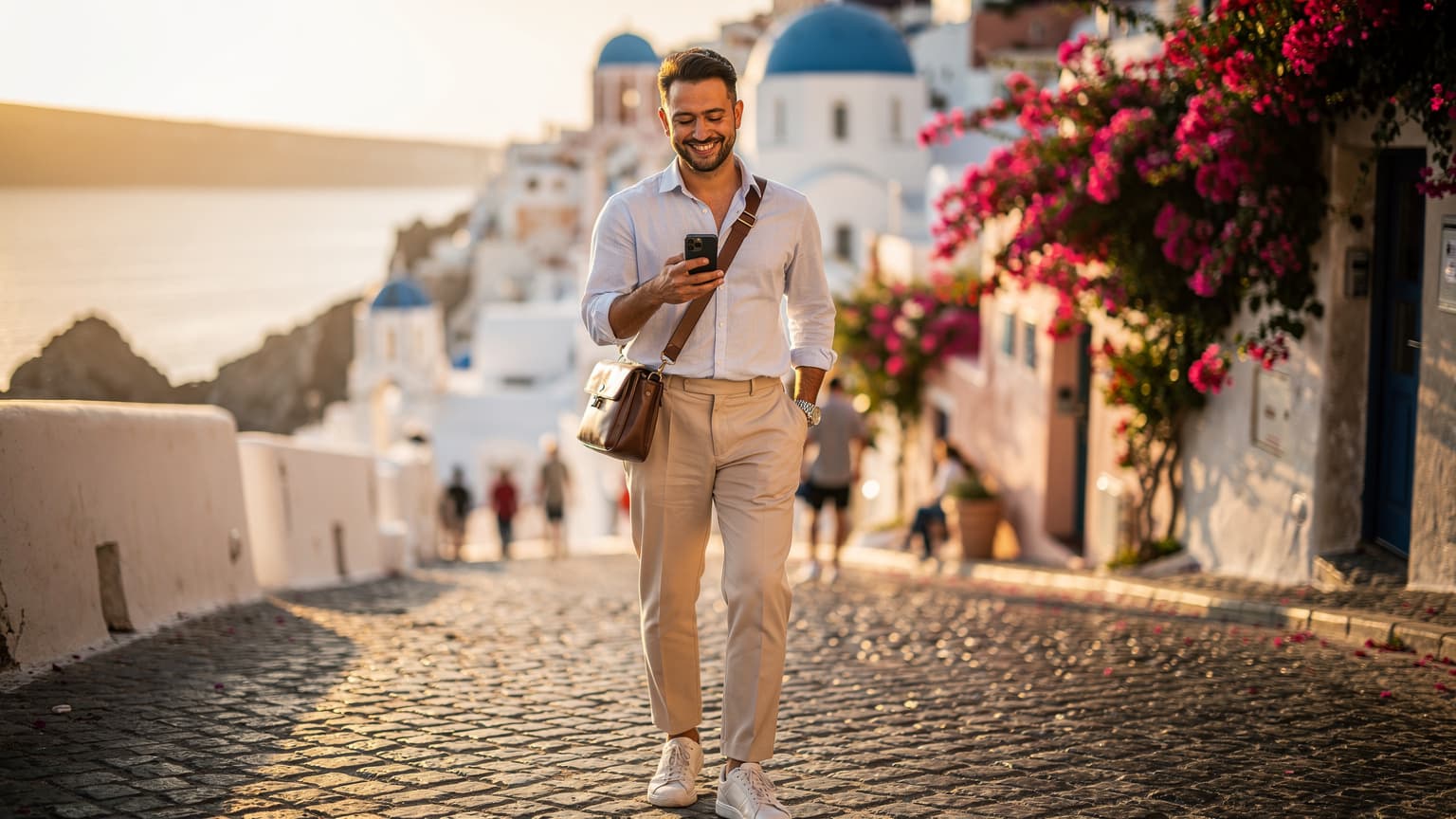 A modern traveler using a smartphone in a beautiful European coastal town at golden hour, symbolizing easy global connectivity with eSIM technology.