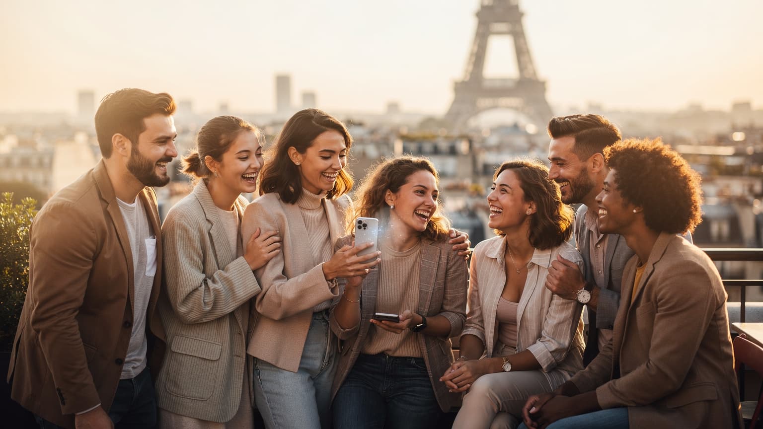 A group of diverse friends on a Parisian rooftop overlooking the Eiffel Tower, one using a smartphone, symbolizing seamless connectivity during the Olympic Games.