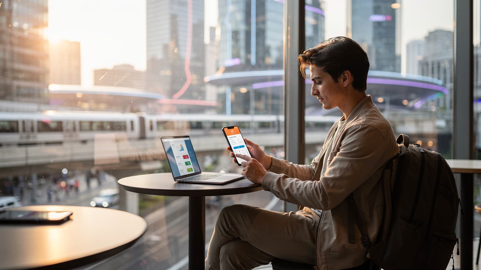 A stylish traveler uses a smartphone in a modern, sunlit cafe overlooking a futuristic city skyline, representing mobile data plan comparisons and global connectivity in 2026.