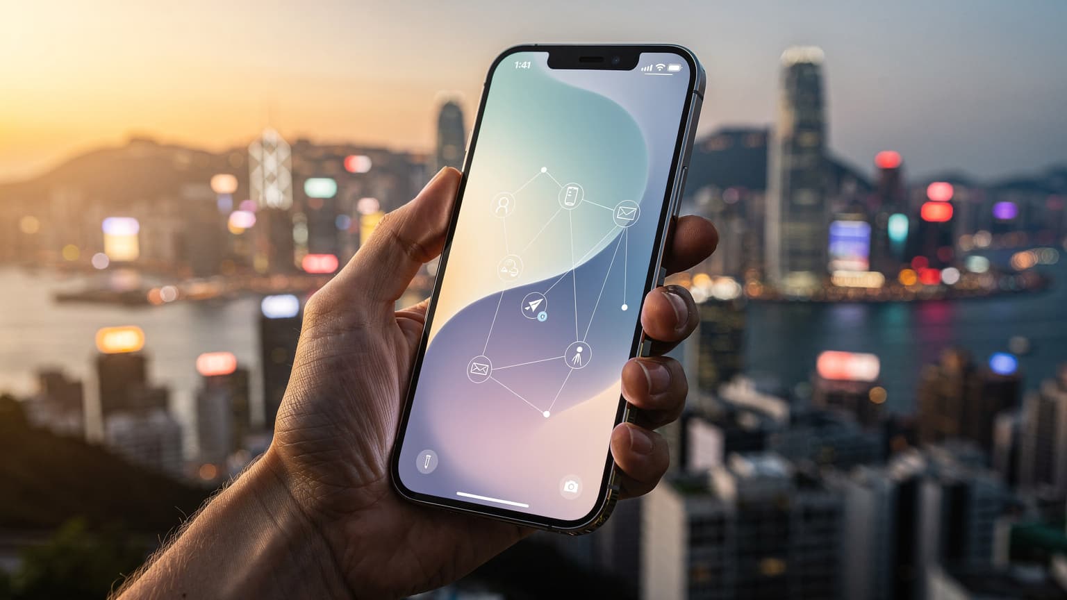 A person holds a modern smartphone with a glowing screen against a blurred yet iconic Hong Kong skyline at twilight, conveying a sense of global connectivity and travel technology.