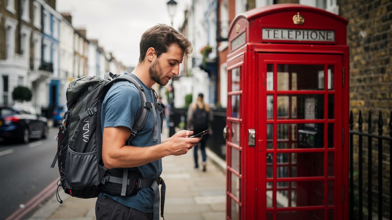 Mladý muž s batohem a telefonem v ruce kontroluje mapu u ikonické červené telefonní budky v Londýně, za ním se rozprostírá typická britská ulice.