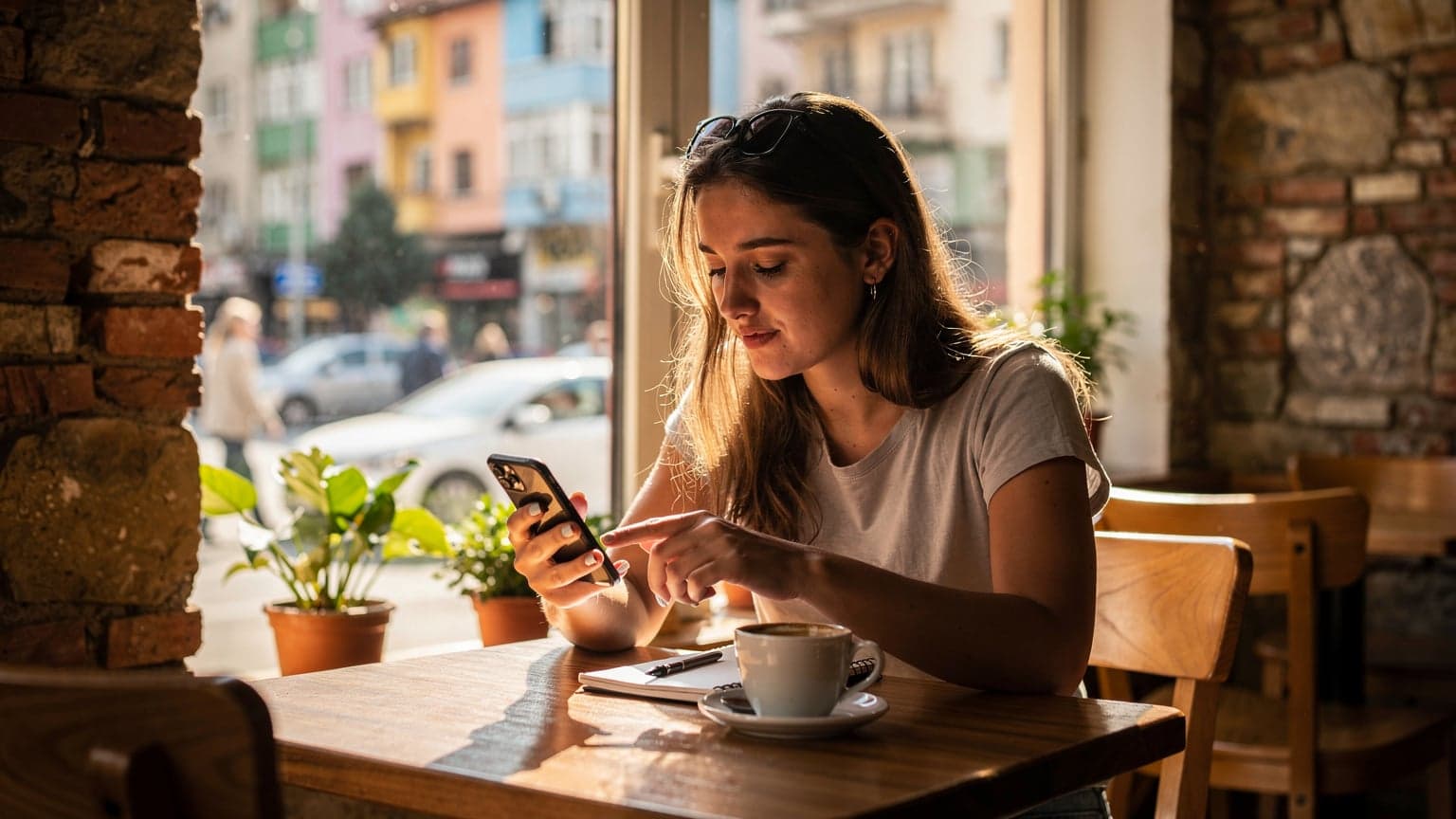 Eine junge Frau sitzt in einem Café in Tirana, Albanien, trinkt Kaffee und navigiert auf ihrem Smartphone, während sie im Hintergrund die geschäftige Straße beobachtet.