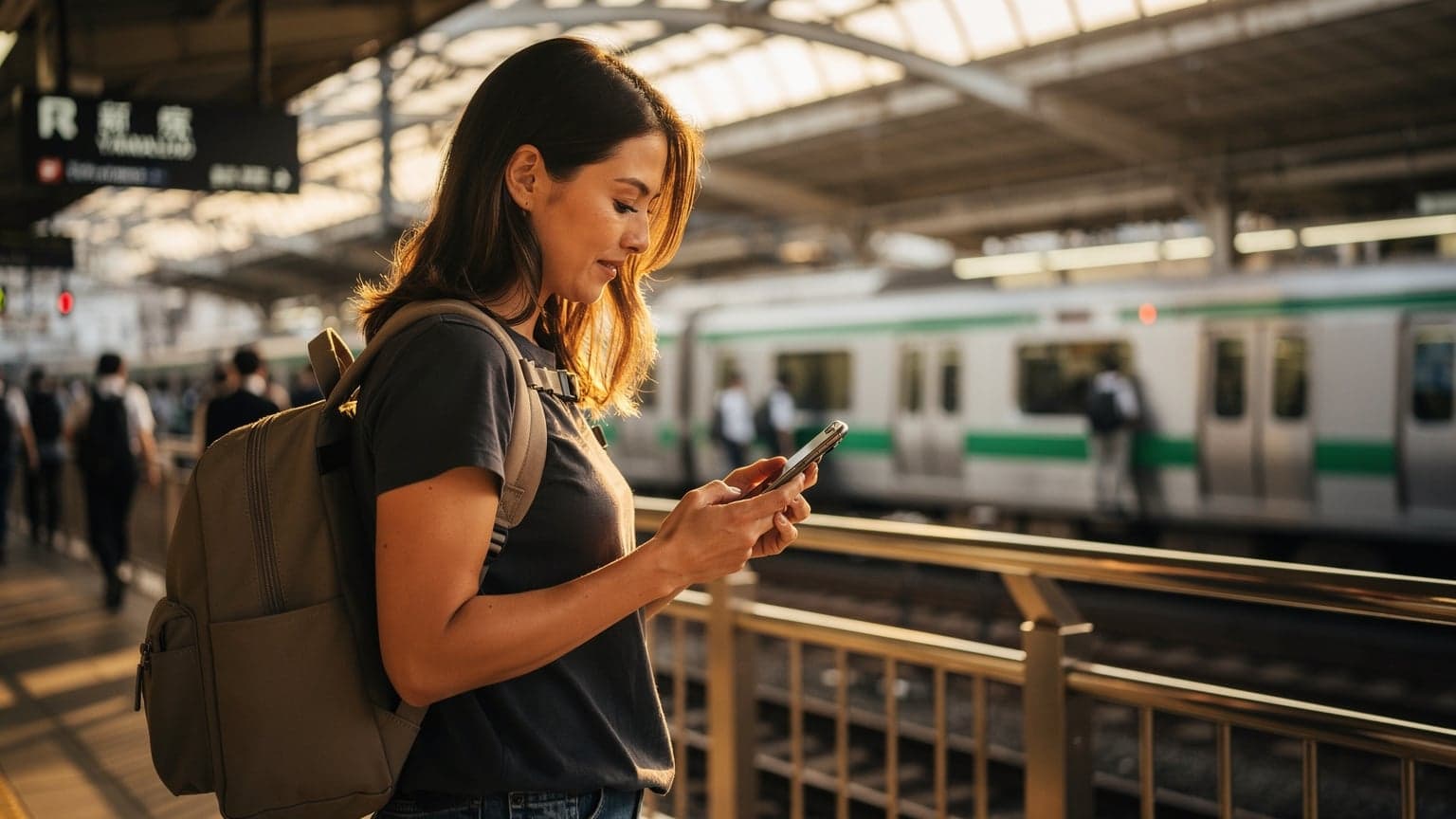 A woman holding her iPhone 15 Pro, looking at a map while waiting for a train at Tokyo's Shinjuku Station, surrounded by the warm glow of station lights.