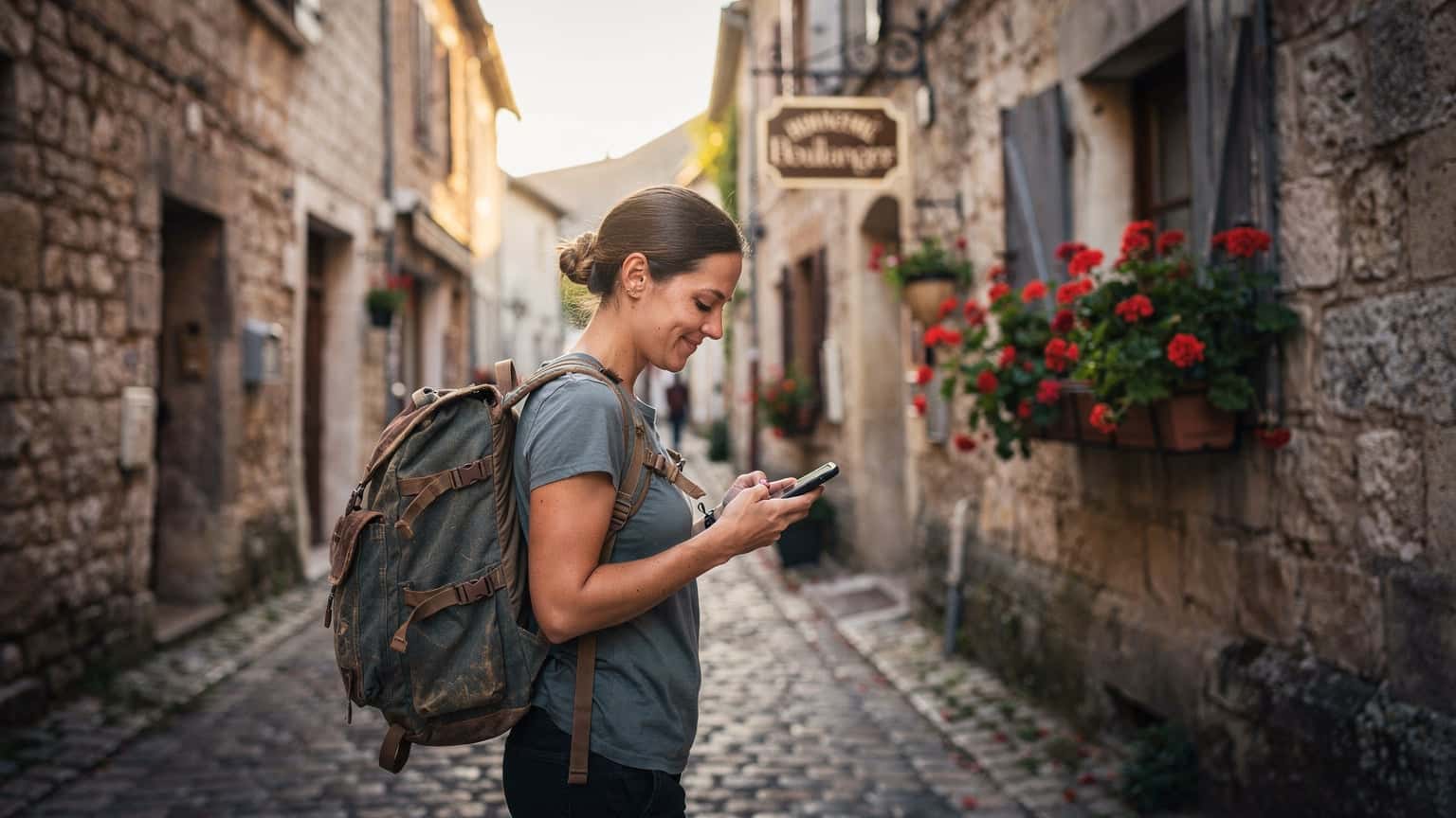 Una viajera con mochila en una calle empedrada de un pueblo francés, sonriendo mientras consulta su teléfono para indicaciones.