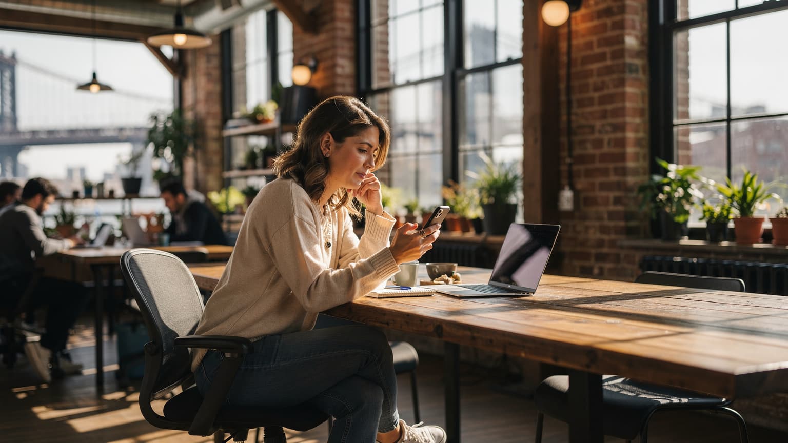 Een vrouw met een rugzak kijkt op haar telefoon in een bruisende co-working space in Brooklyn, New York, met grote ramen en een industriële inrichting.