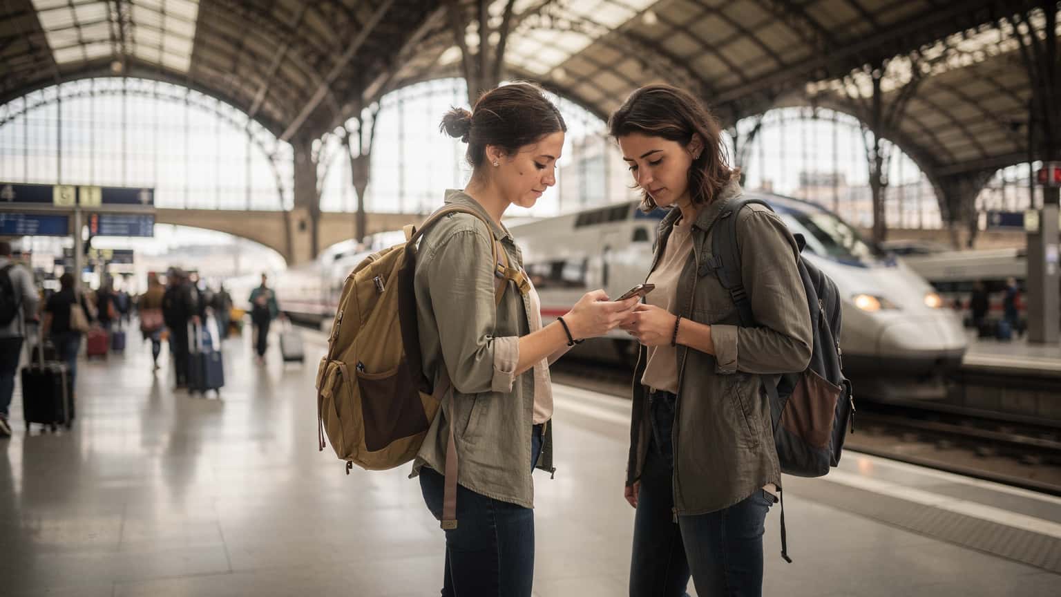 Eine junge Frau mit Rucksack und Smartphone navigiert an einem belebten Pariser Bahnhof, während im Hintergrund ein TGV-Zug einfährt.