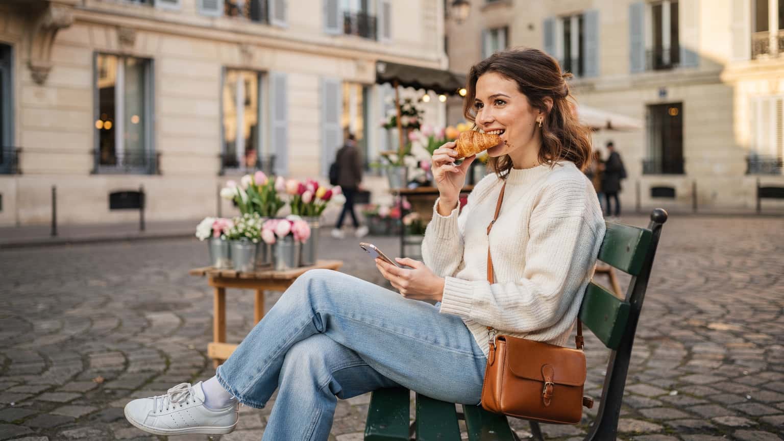 O tânără zâmbitoare stă pe o bancă într-o piață din Marais, Paris, savurând o patiserie proaspătă și uitându-se la telefonul ei. Strada pietruită este flancată de clădiri istorice cu obloane albastre.
