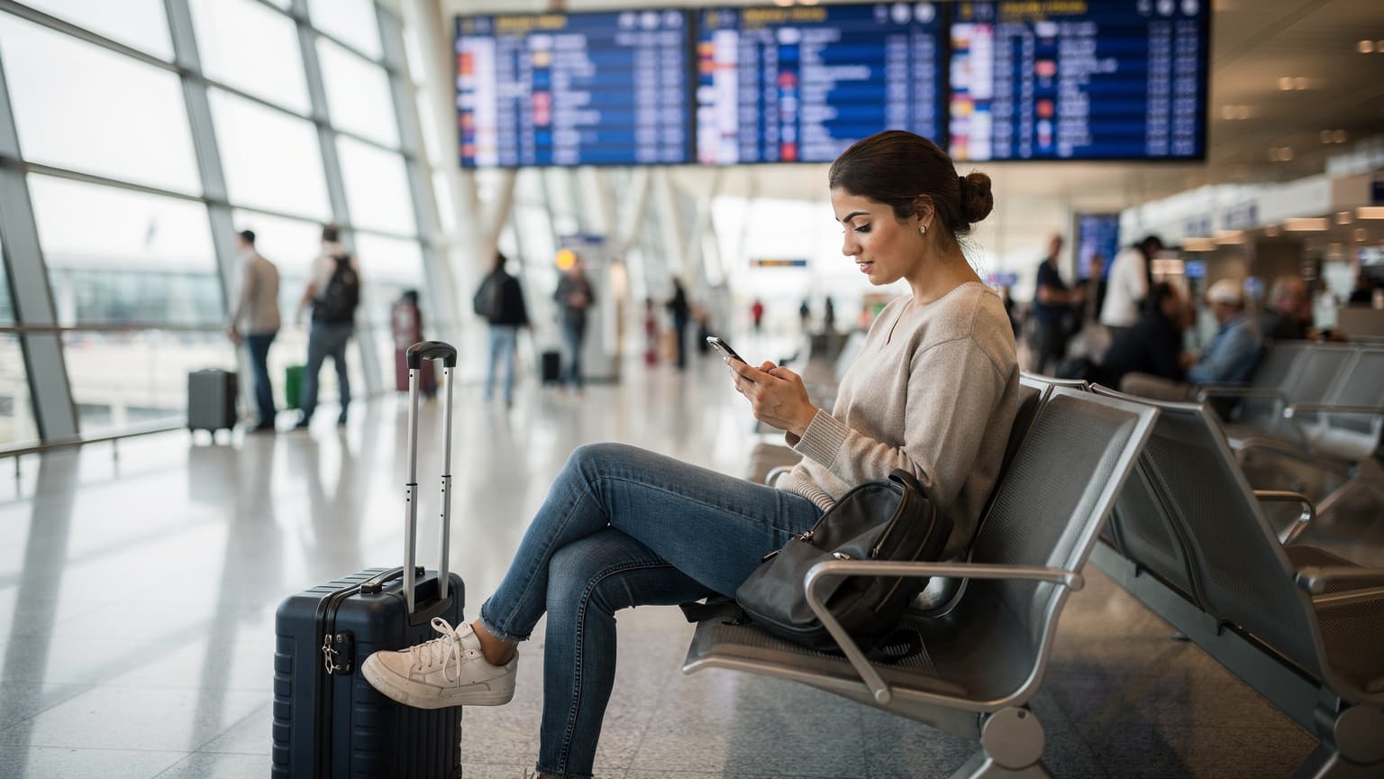 A traveler in a bustling airport terminal, looking at their smartphone with a focused expression, surrounded by luggage and departure boards, ready to activate their eSIM for an international trip.