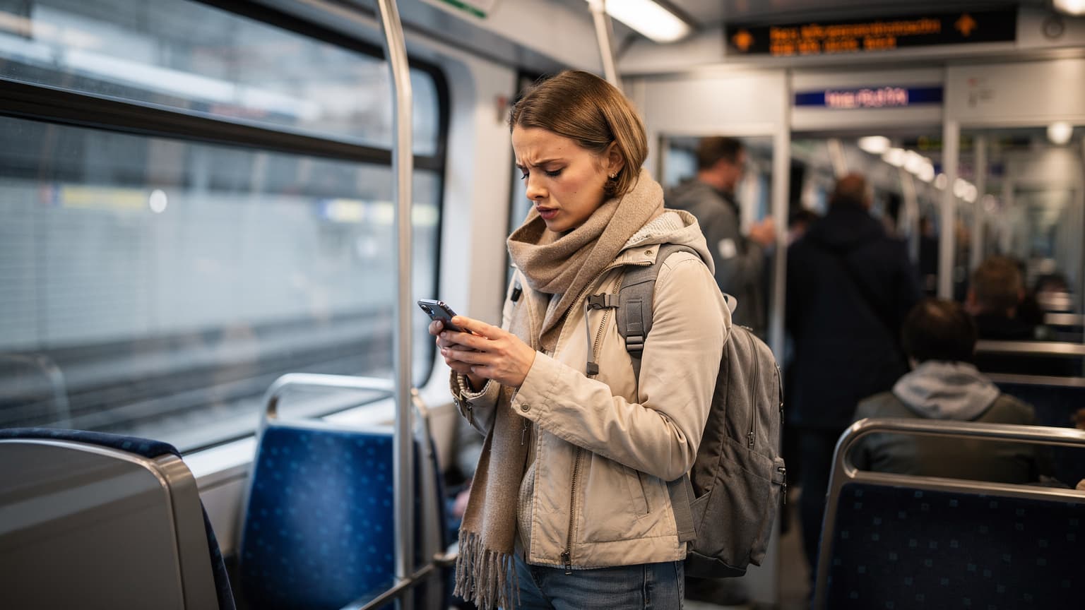 Eine junge Frau in einer belebten Münchner U-Bahn, die ihr Smartphone in der Hand hält und nachdenklich auf den Bildschirm schaut, während sie die eSIM-Kompatibilität prüft.