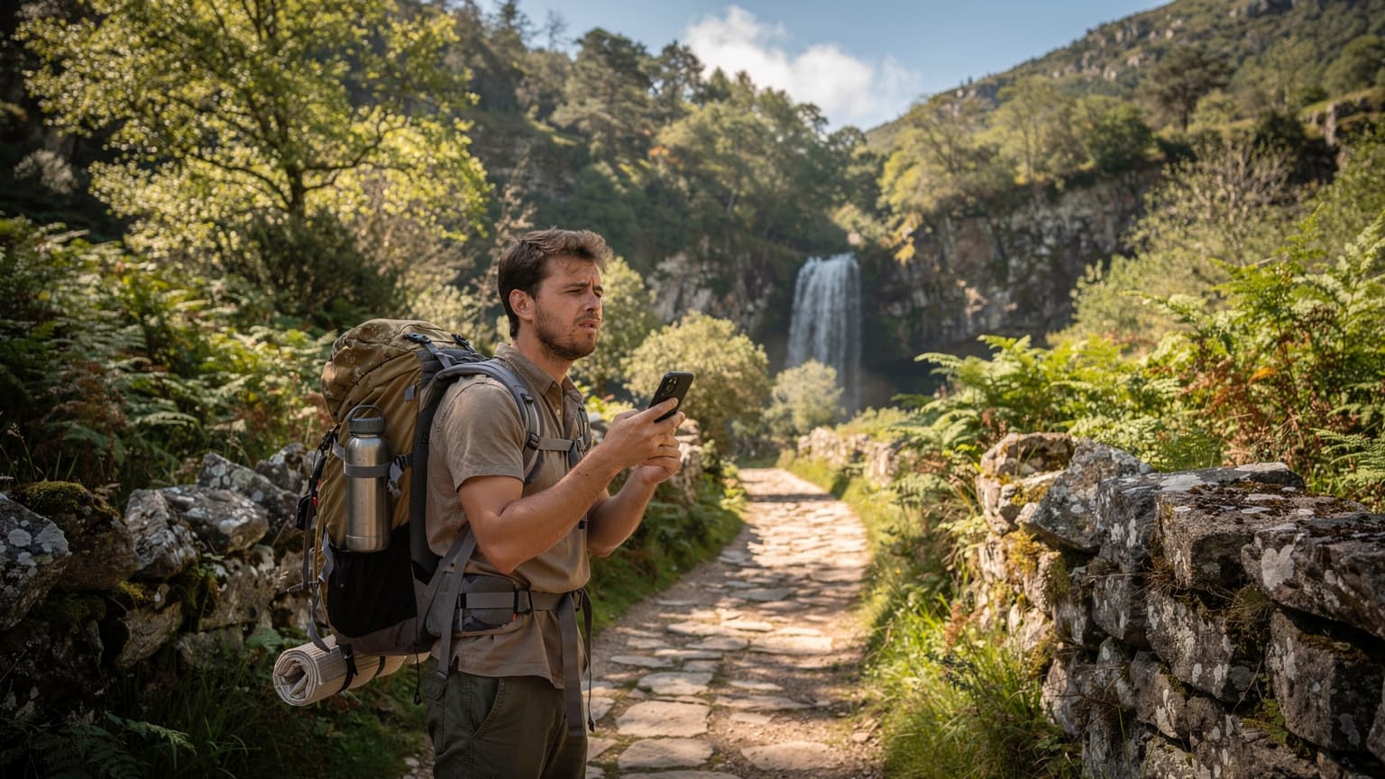 Um viajante com uma mochila, olhando para o seu telefone enquanto caminha por um trilho rochoso no Parque Nacional da Peneda-Gerês, com montanhas verdes e vales ao fundo sob um céu azul claro.