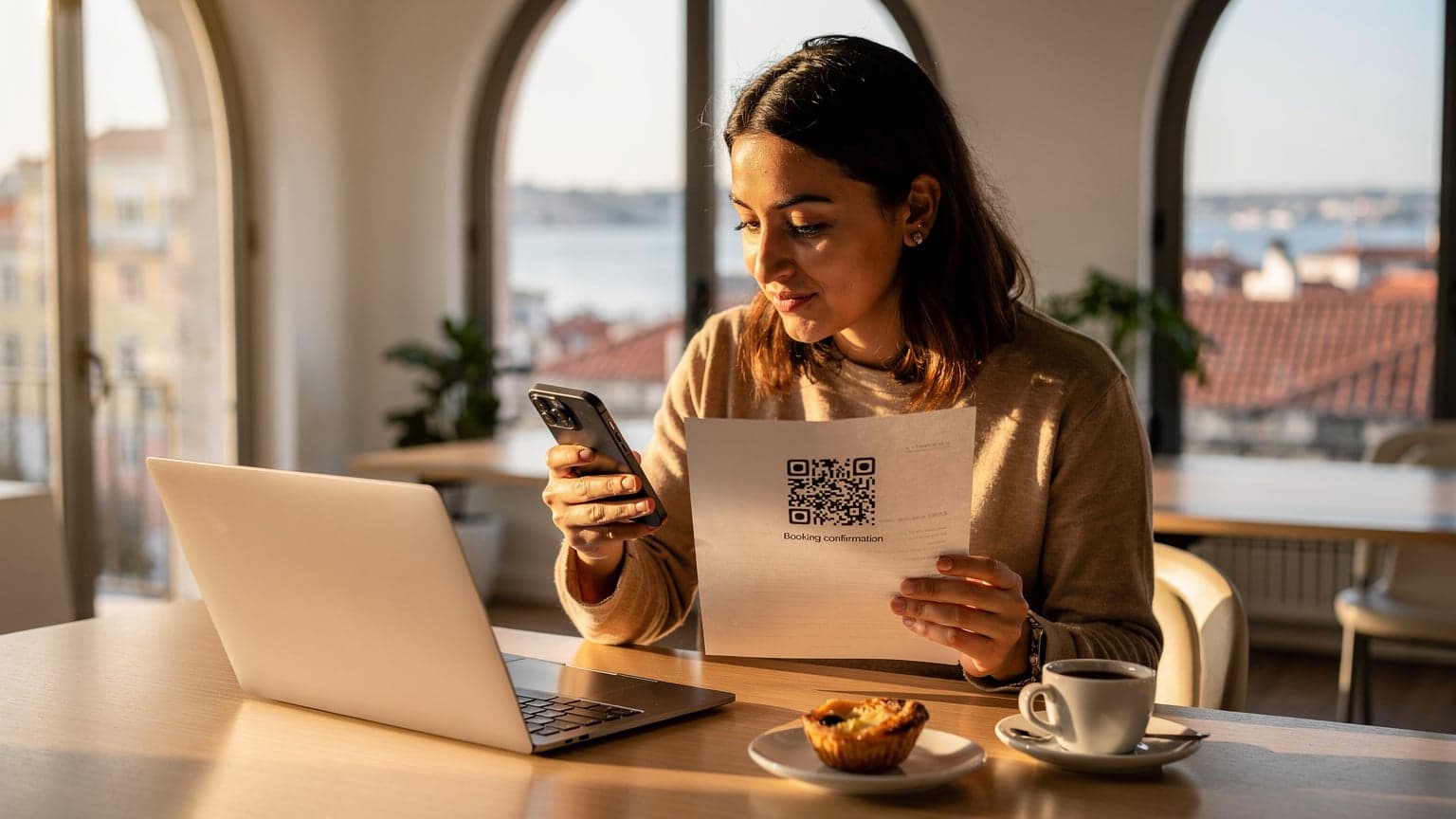 A digital nomad in a co-working space in Lisbon, Portugal, holding an iPhone and scanning a QR code for T-Mobile eSIM activation, with a pastel-colored cityscape visible through a large window.