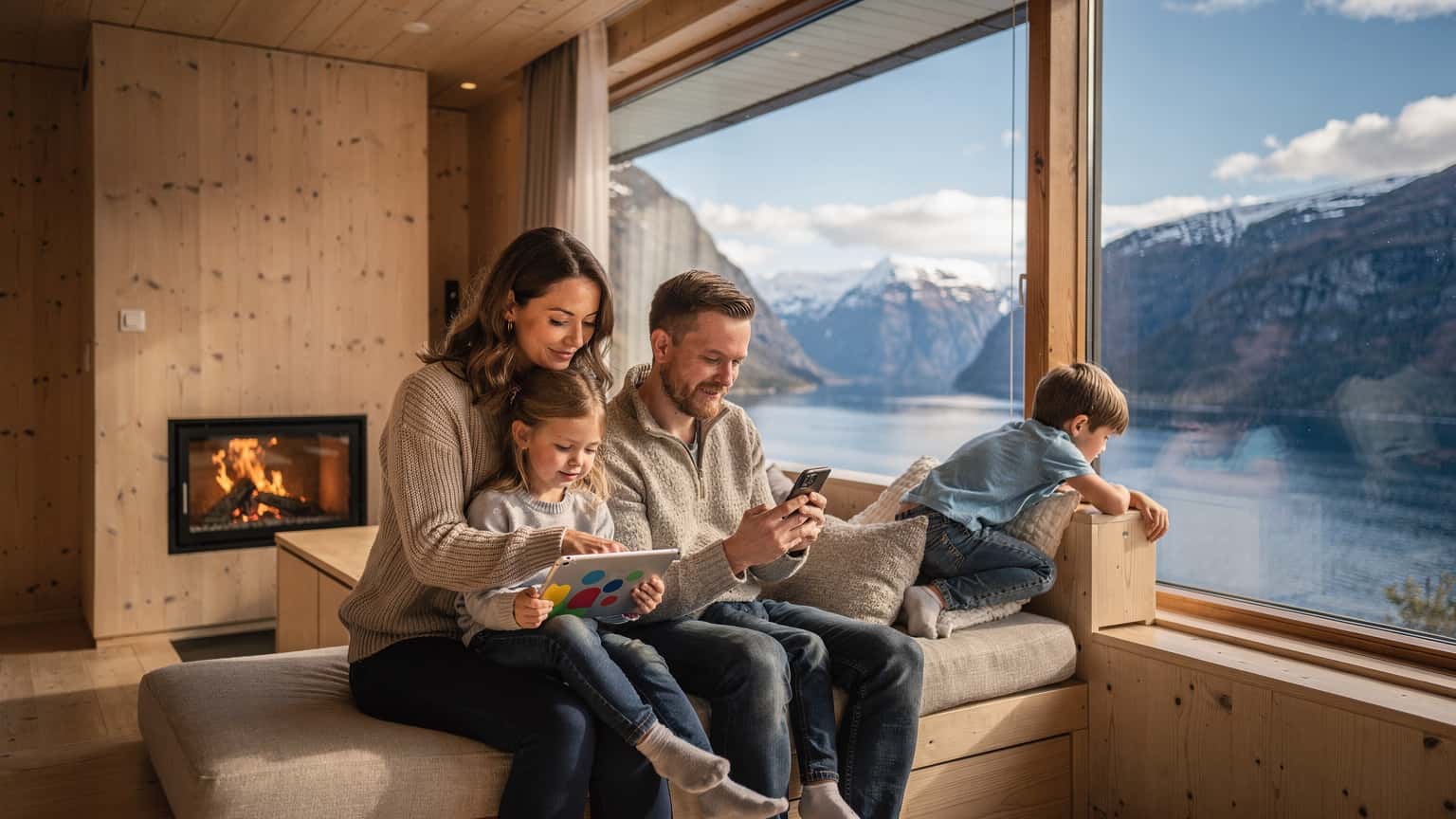 En familie, mor, far og to barn, sitter i en koselig hytte i Lofoten, og ser på en tablet med fjorden utenfor vinduet, med mobilt bredbånd lett tilgjengelig.