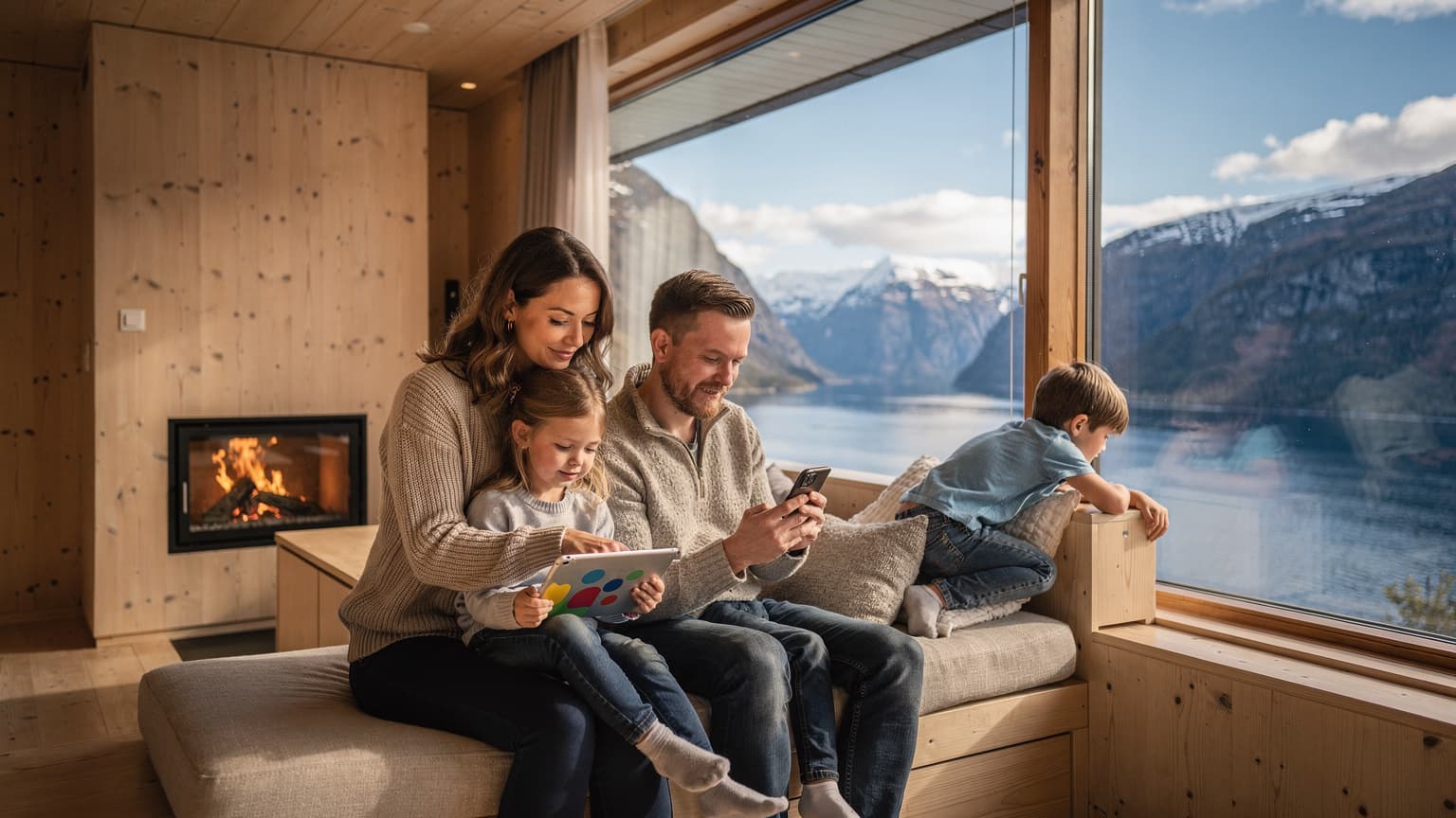En familie, mor, far og to barn, sitter i en koselig hytte i Lofoten, og ser på en tablet med fjorden utenfor vinduet, med mobilt bredbånd lett tilgjengelig.