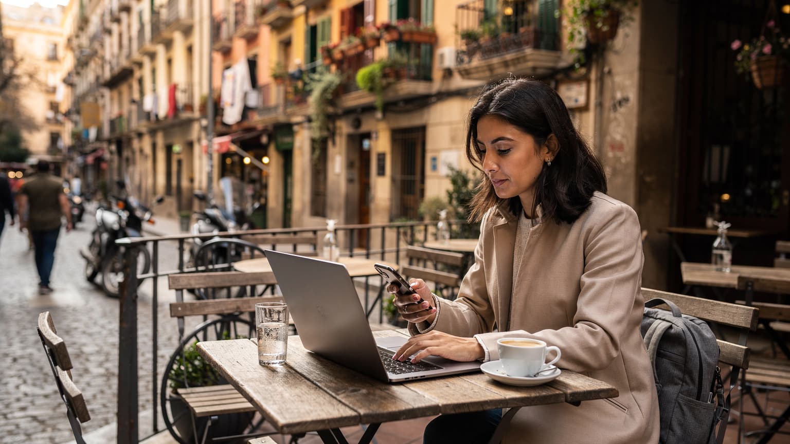 Una nomade digitale italiana con un laptop aperto e uno smartphone in mano, seduta a un tavolo all'aperto in un caffè vivace nel quartiere di Gràcia a Barcellona, con un cielo azzurro e l'architettura locale sullo sfondo.