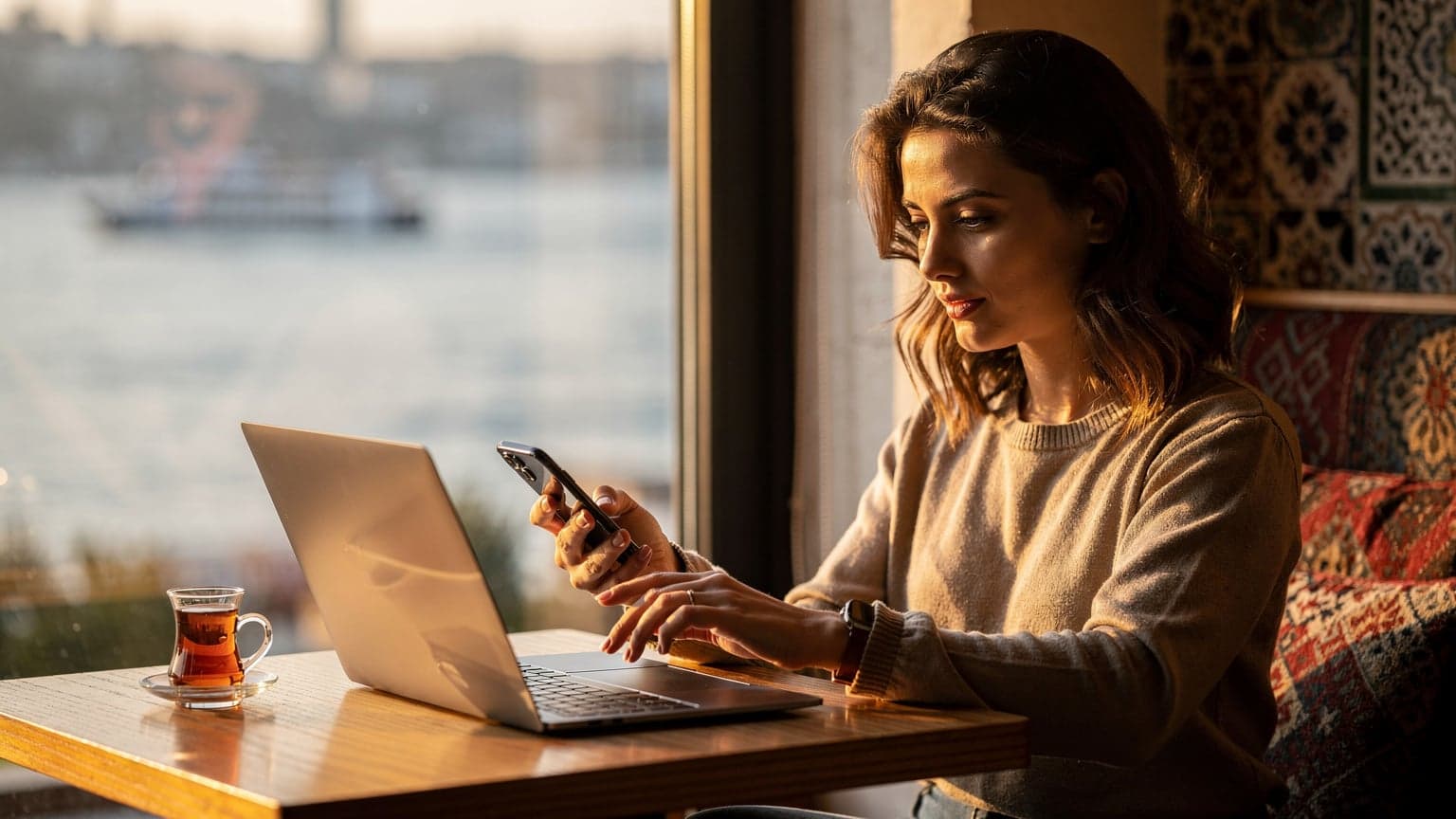İstanbul'un Karaköy semtinde, bir kafenin penceresinden içeri süzülen altın rengi gün batımı ışığında, bir genç kadın laptopu ve telefonunda eSIM.io uygulamasını inceliyor. Yanında demli bir Türk çayı var.