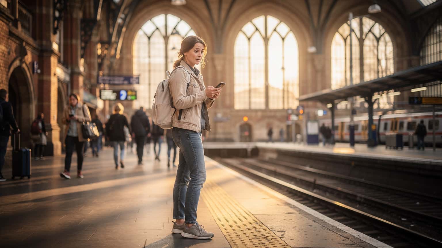 Una mujer joven, con una mochila ligera, consulta su teléfono en la estación de tren de King's Cross en Londres, con el icónico arco victoriano al fondo y la luz dorada de la tarde incidiendo.