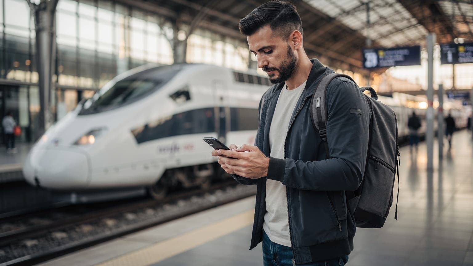 Un viajero español sonriente en la Estación de Sants de Barcelona, revisando su teléfono con una eSIM activa antes de abordar un tren de alta velocidad.