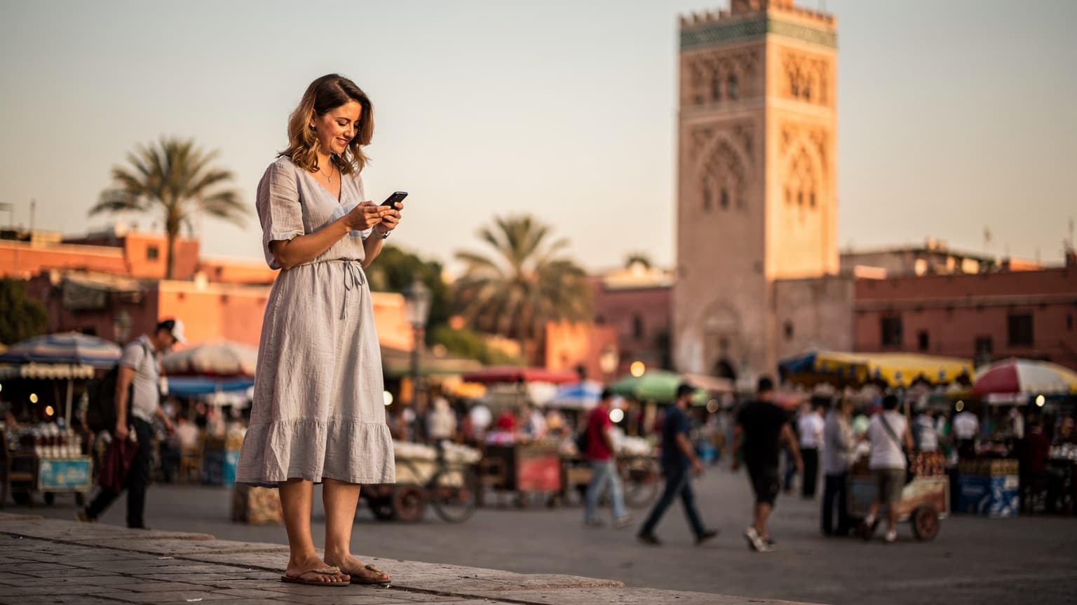 Młoda polska turystka z telefonem w ręku, uśmiecha się, przeglądając mapę Marrakeszu w cieniu minaretu Meczetu Kutubijja, z tętniącym życiem rynkiem w tle.