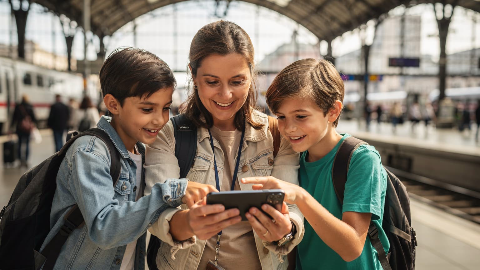 A mother and her two children, ages 8 and 10, happily looking at a phone screen together in a bustling European train station, with luggage at their feet.