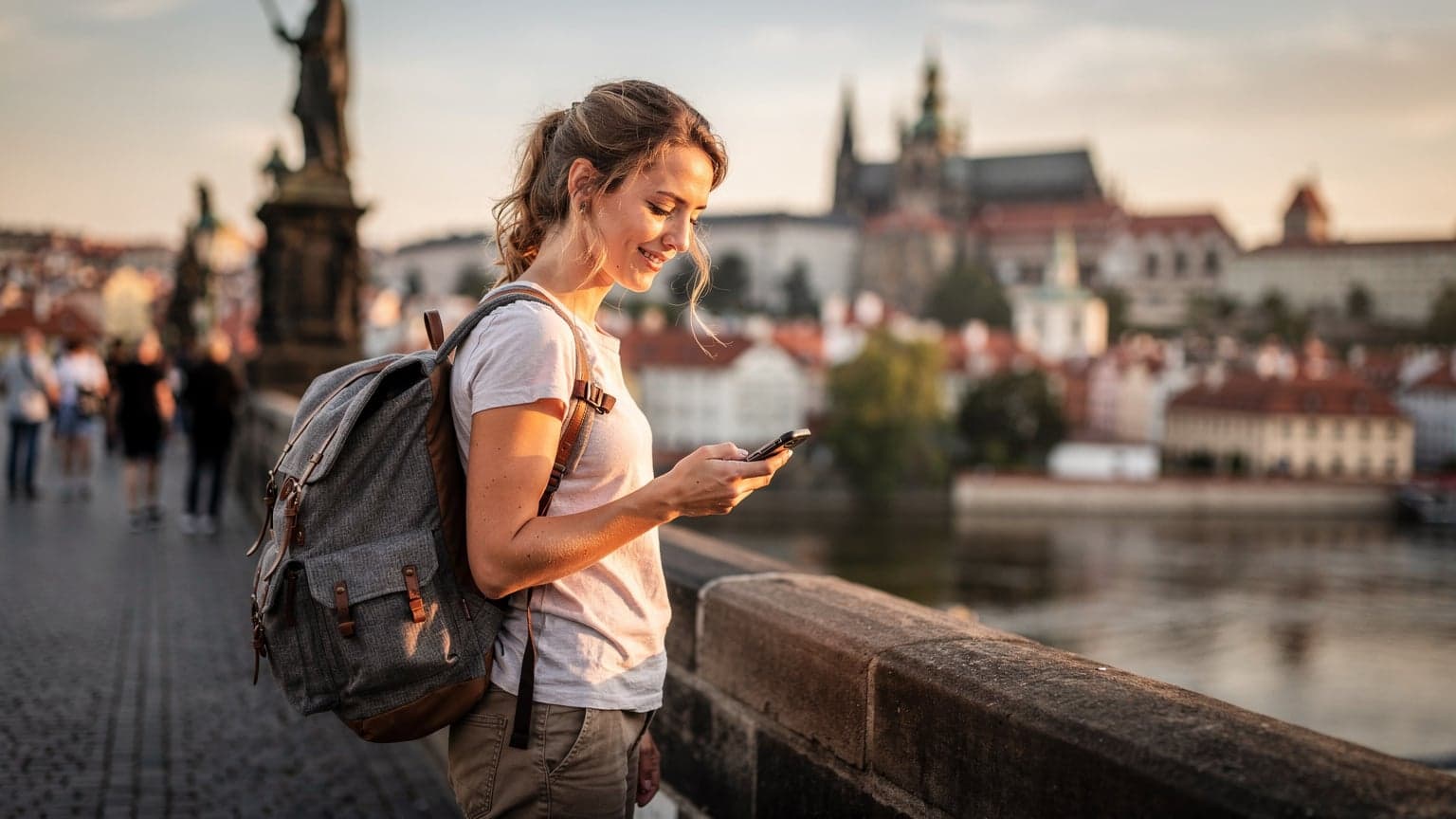 Una donna backpacker sorridente controlla il suo smartphone su un ponte storico di Praga, con il Castello di Praga sullo sfondo durante l'ora d'oro.