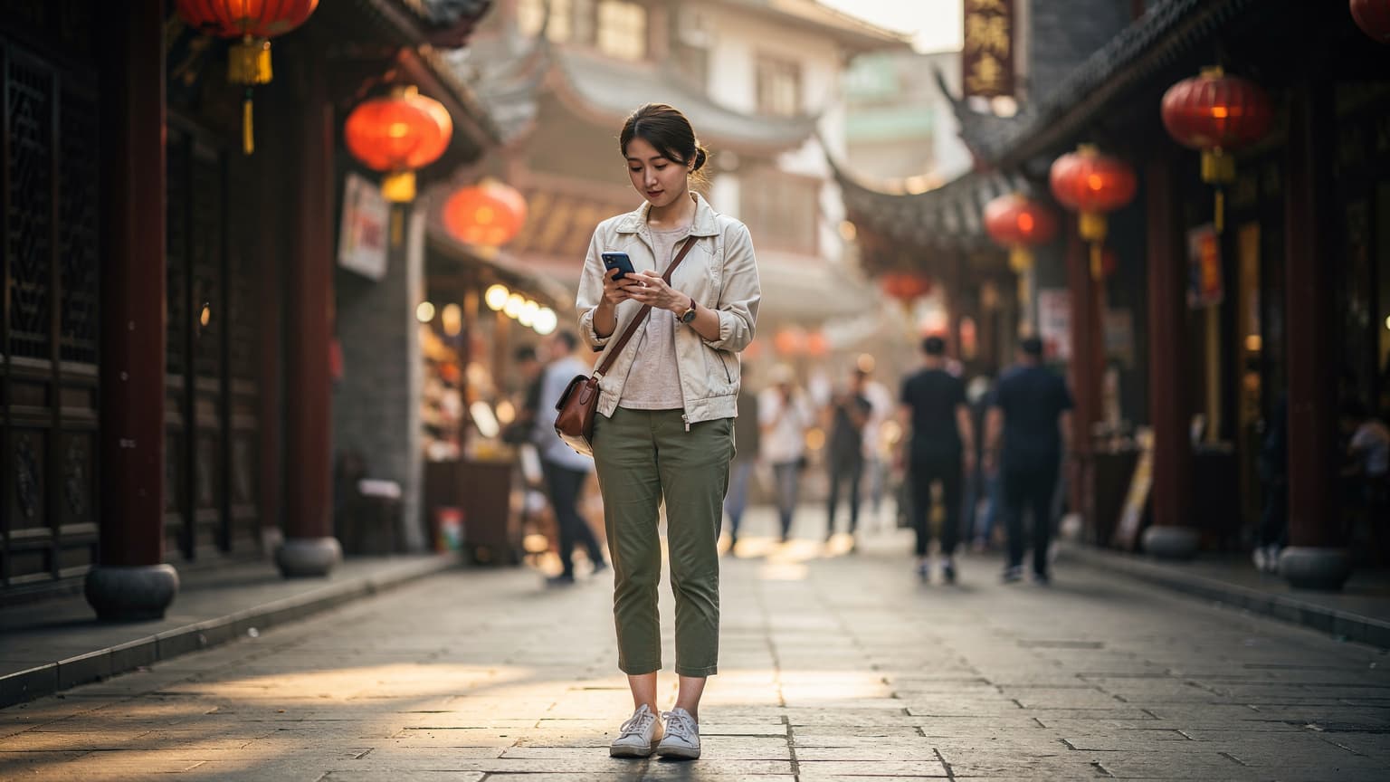 上海の豫園庭園を散策する旅行者が、スマートフォンで地図アプリを確認している様子。