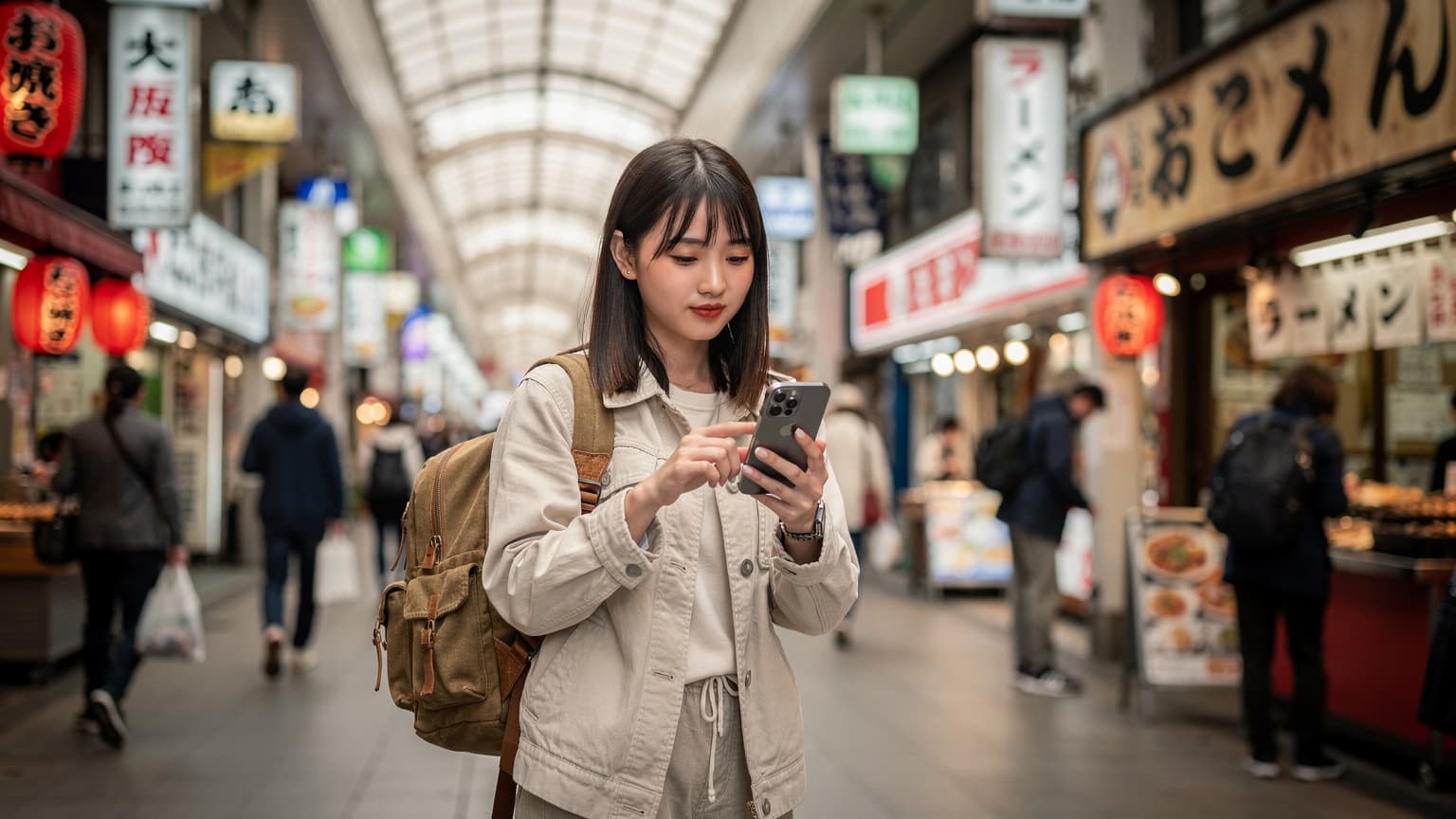 大阪の賑やかな商店街で、若い女性がiPhone 15 Pro Maxを使ってeSIMの設定を確認している様子。彼女は肩に小さなバックパックを背負い、周囲には地元の屋台や看板が並んでいます。