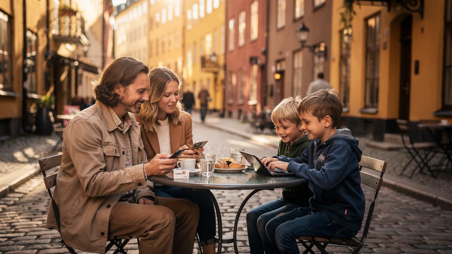 En svensk familj med två barn, omkring 8 och 10 år gamla, sitter på en solig uteservering i Gamla Stan i Stockholm. Föräldrarna tittar på sina telefoner medan barnen engagerat tittar på en surfplatta. Ett Cellesim-kort ligger diskret bredvid en av föräldrarnas telefoner.