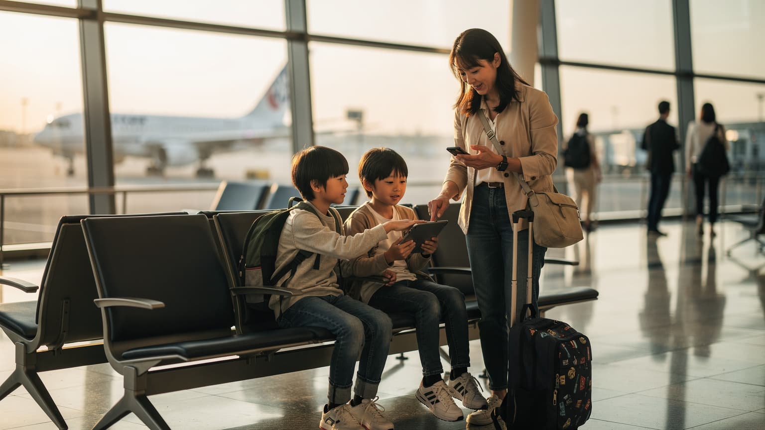 東京の成田空港の出発ロビーで、母親が子供たちにタブレットを渡しながらeSIMの設定を確認している様子。