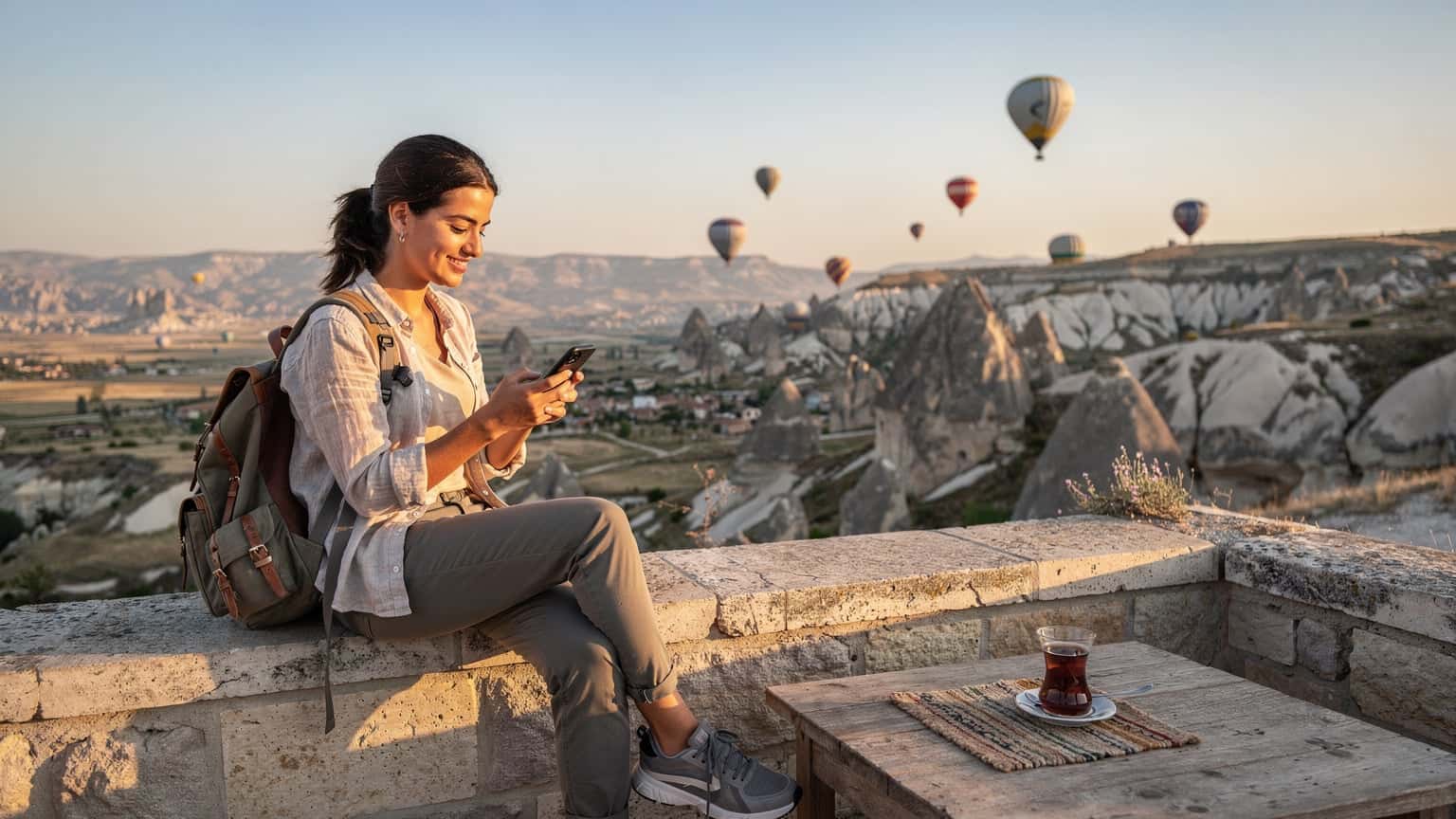 Un viajero revisa su teléfono mientras observa los globos aerostáticos al amanecer sobre los valles de Capadocia, Turquía, con una taza de té turco cerca.