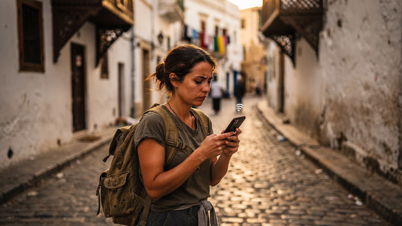 Une voyageuse sac à dos, consultante en technologie, utilise son smartphone pour vérifier sa connexion eSIM près de la Casbah d'Alger au coucher du soleil.