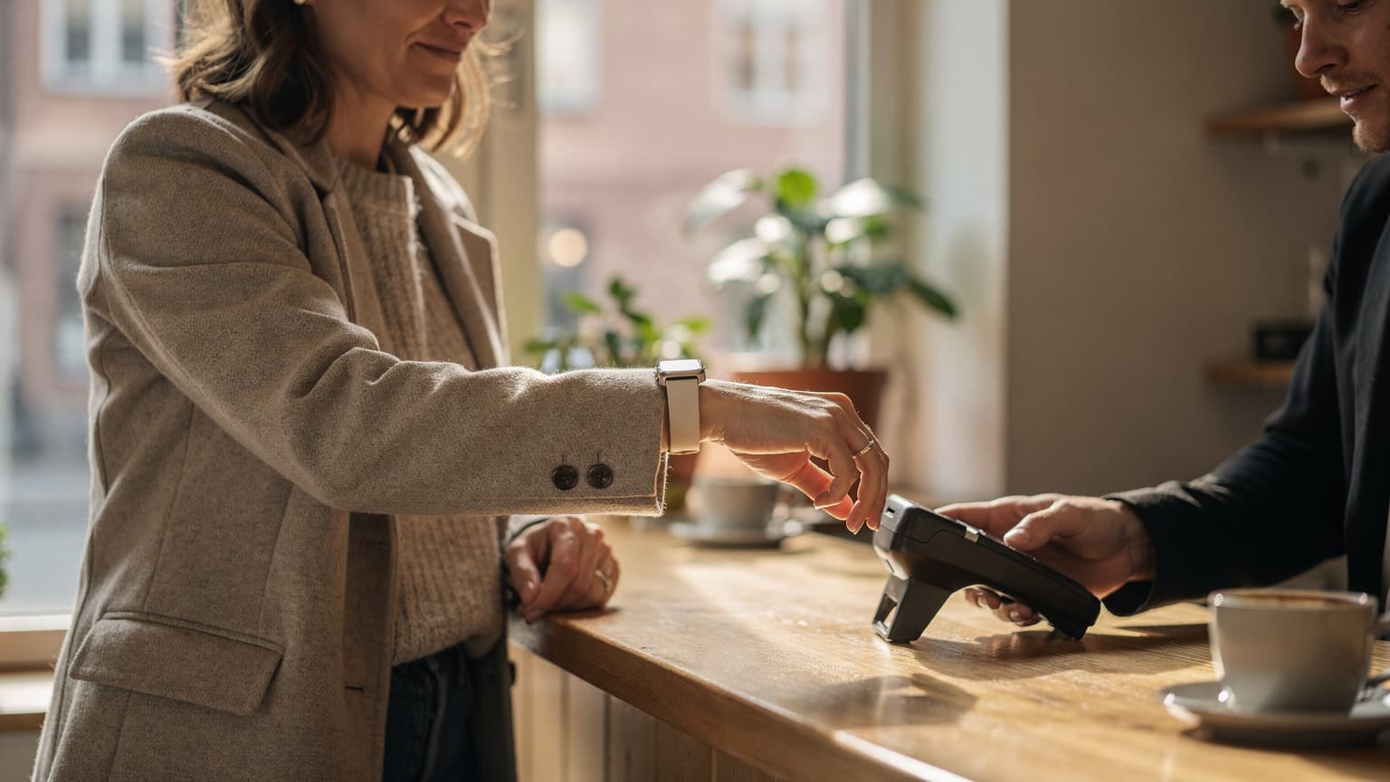 En kvinne med en Apple Watch på håndleddet betaler for kaffe på en liten, autentisk kafé i Grunerløkka, Oslo, mens solen skinner inn gjennom vinduet.