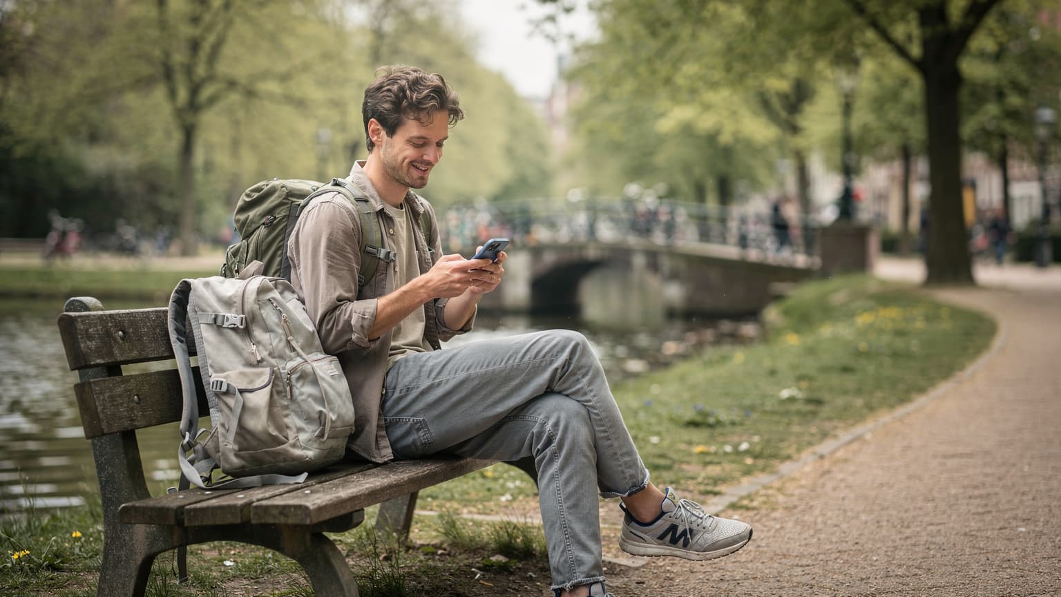Een jonge backpacker zit ontspannen op een bankje in het Vondelpark in Amsterdam, met een telefoon in de hand en de lichte glimlach van iemand die zojuist een succesvolle eSIM-installatie heeft voltooid, op de achtergrond zijn fietskoffer en een gedeeltelijk zichtbare, klassieke Nederlandse brug.