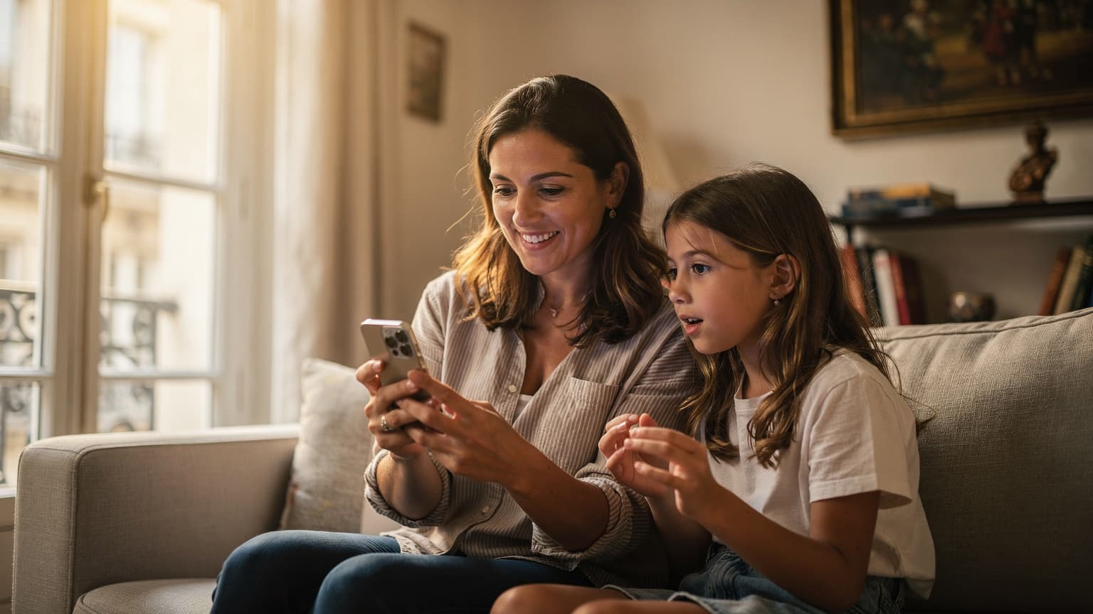 Une mère souriante et son enfant regardent ensemble un iPhone, probablement pour vérifier le transfert d'une eSIM avant un voyage, dans le salon lumineux d'une maison parisienne.