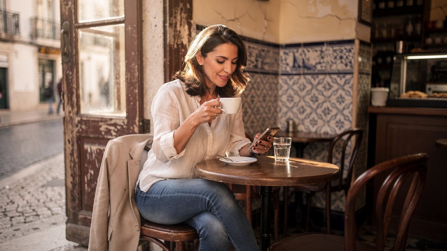 Una donna seduta in un caffè storico a Lisbona, il quartiere dell'Alfama, sorseggia un caffè mentre consulta il suo smartphone con un'espressione rilassata, un'eSIM attiva per il suo viaggio.