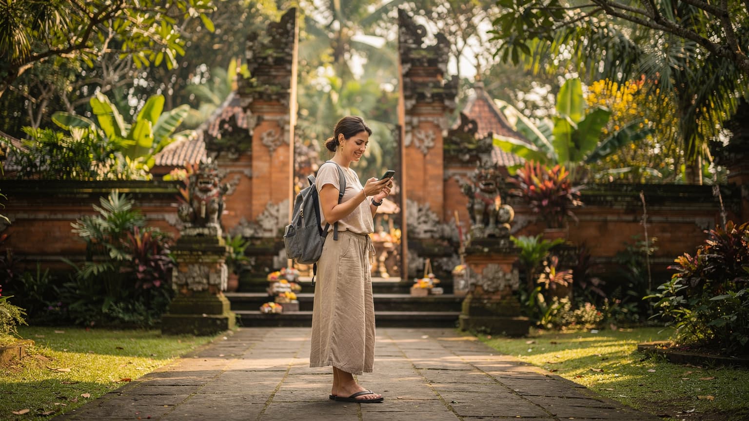 A woman confidently uses her smartphone to navigate a map application while standing in front of a traditional Balinese temple in Ubud, surrounded by lush green foliage.