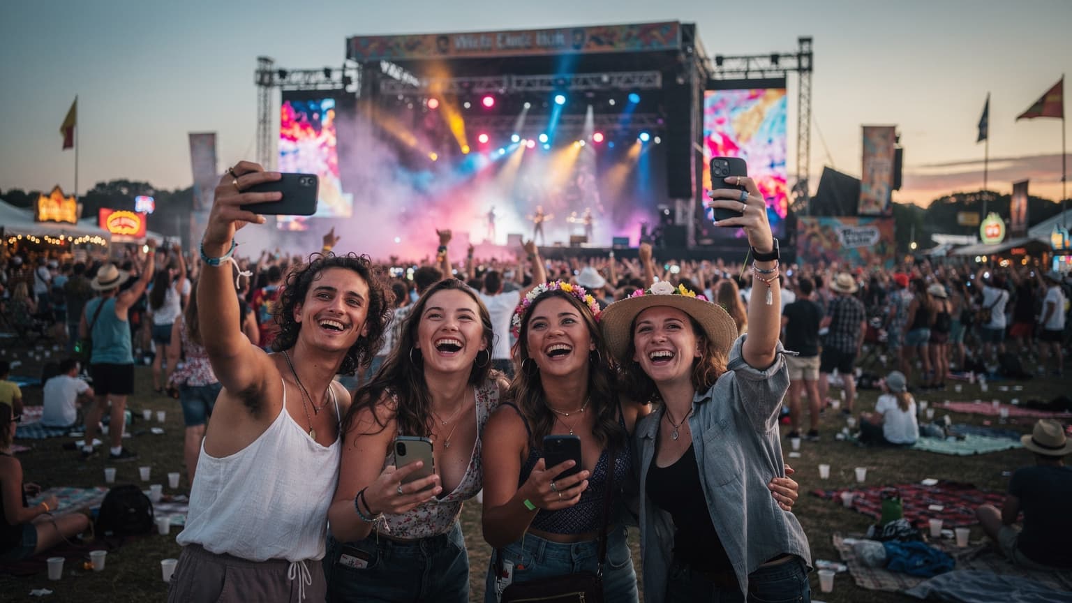 A group of friends at a vibrant outdoor music festival, holding up their phones to capture a moment, with colourful lights and a distant stage in the background.