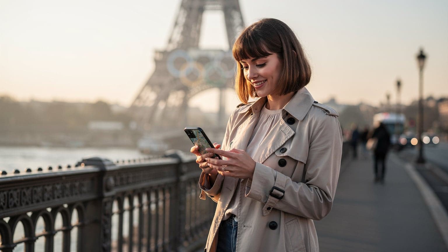 Une femme souriante, téléphone en main, naviguant sur une carte de Paris près de la Tour Eiffel, avec des anneaux olympiques stylisés en arrière-plan flou.