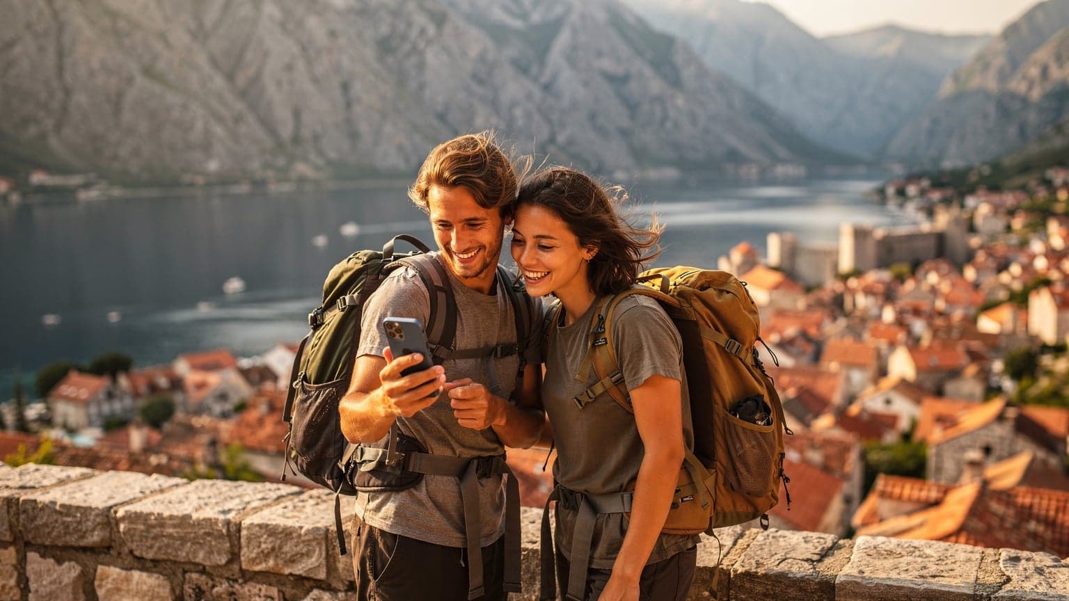 Ένα ζευγάρι νέων backpackers, με σακίδια πλάτης, στέκεται στην κορυφή ενός λόφου με θέα στην παλιά πόλη του Κοτόρ στο Μαυροβούνιο, με την Αδριατική Θάλασσα στο βάθος, κοιτάζοντας το κινητό τους τηλέφωνο, ενώ ο ήλιος δύει χρυσάφι.