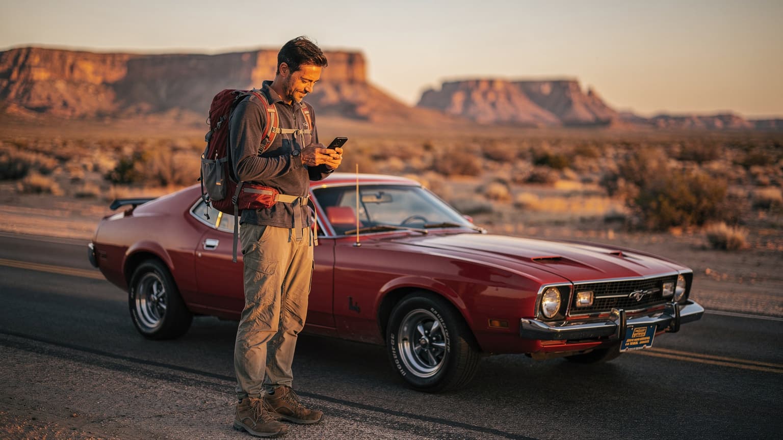 Een reiziger staat bij een klassieke Amerikaanse auto, een Chevrolet Impala uit de jaren '60, geparkeerd aan de kant van een uitgestrekte woestijnweg met cactussen en rotsformaties op de achtergrond. De persoon houdt een smartphone vast met een eSIM-profiel op het scherm, terwijl ze geniet van het uitzicht.