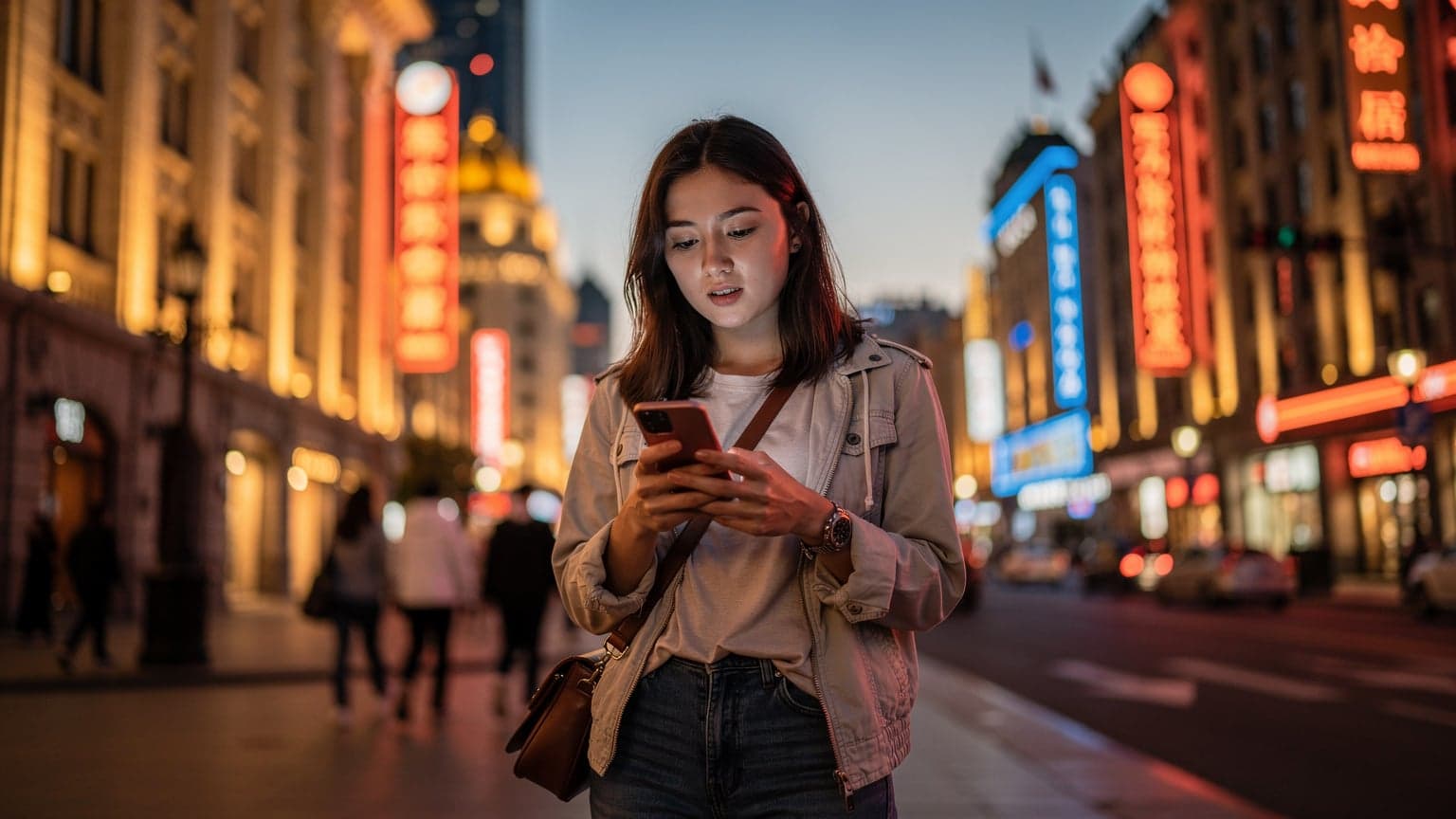 Một phụ nữ trẻ đang kiểm tra điện thoại trên tay với khung cảnh đường phố sầm uất ở Thượng Hải, Trung Quốc vào buổi tối, với các biển hiệu neon rực rỡ và những tòa nhà cao tầng làm nền.