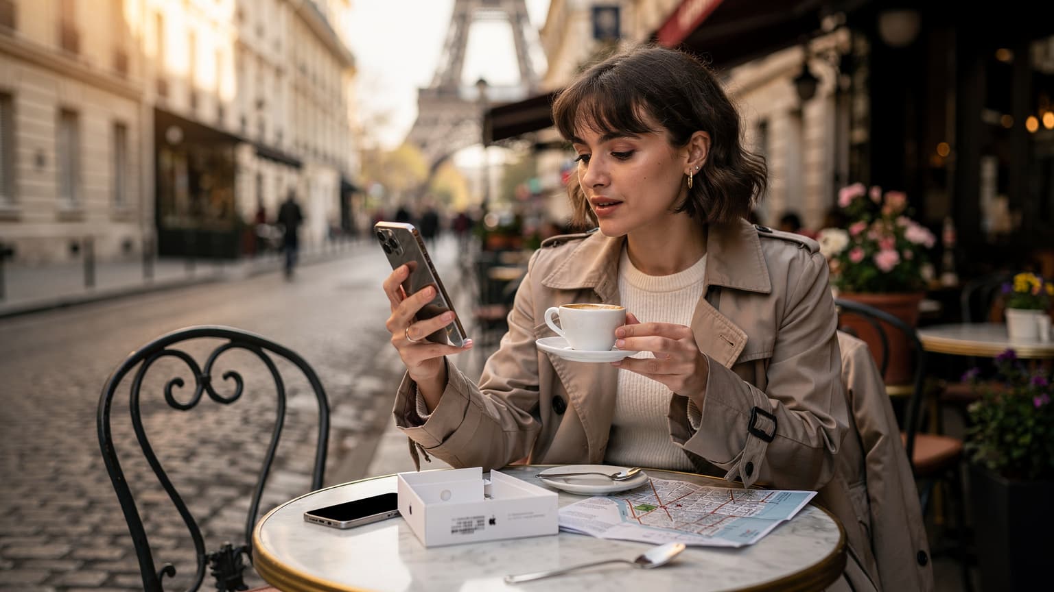 Une jeune femme française, l'air concentré, tenant un iPhone 18 fraîchement sorti de sa boîte, tout en sirotant un café sur la terrasse ensoleillée d'un café parisien typique, avec la Tour Eiffel floue en arrière-plan.