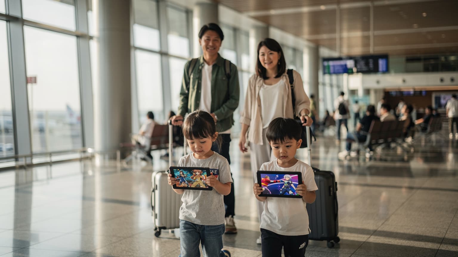 日本の家族が東京成田空港の出発ロビーで搭乗ゲートに向かって歩いている。小学生の子供二人がタブレットを見ながら楽しそうにしている。父親はスマホを手に持ち、母親は子供たちの荷物を引いている。