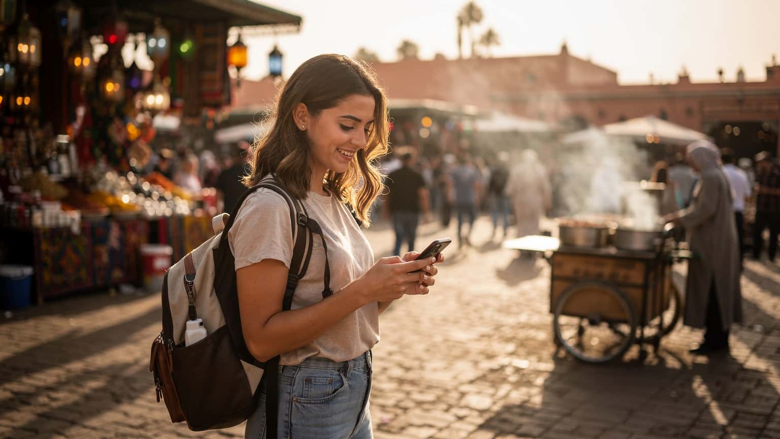 A woman confidently navigating the bustling Djemaa el-Fna square in Marrakech, checking her phone for directions with a vibrant market stall in the background.