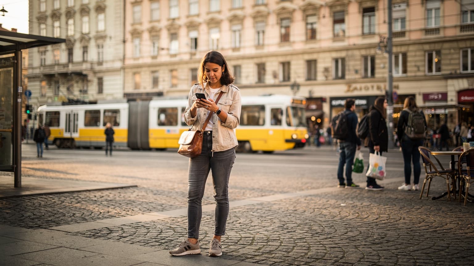 Młoda kobieta sprawdza swój smartfon na ruchliwym placu w Budapeszcie, w tle widać historyczne budynki i tramwaje, z ciepłym, popołudniowym słońcem wpadającym przez ulicę.