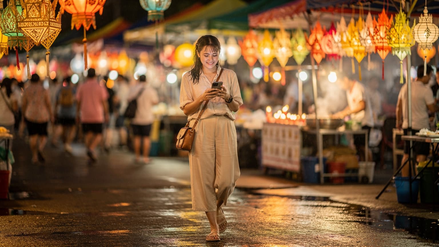 หญิงสาวชาวไทยกำลังเดินไปตามทางเดินที่ประดับประดาด้วยโคมไฟหลากสีสันในช่วงเทศกาลเข้าพรรษาในเมืองอุบลราชธานี ประเทศไทย.