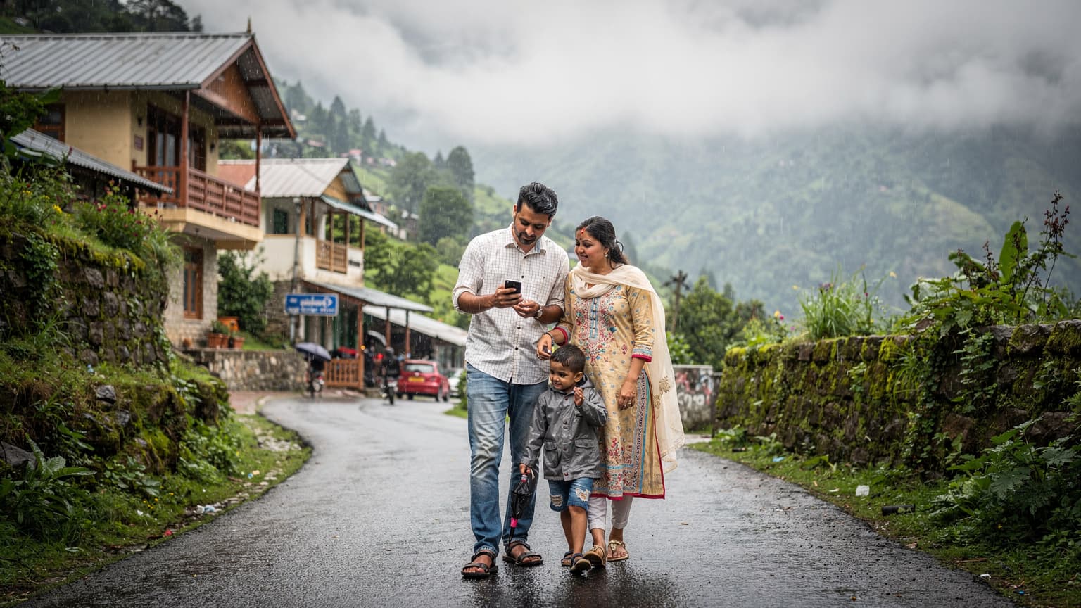 एक भारतीय परिवार मानसून में उत्तराखंड के मसूरी में पहाड़ी रास्ते पर चल रहा है, चारों ओर हरियाली और धुंध है, वे अपने फोन पर गूगल मैप्स देख रहे हैं.