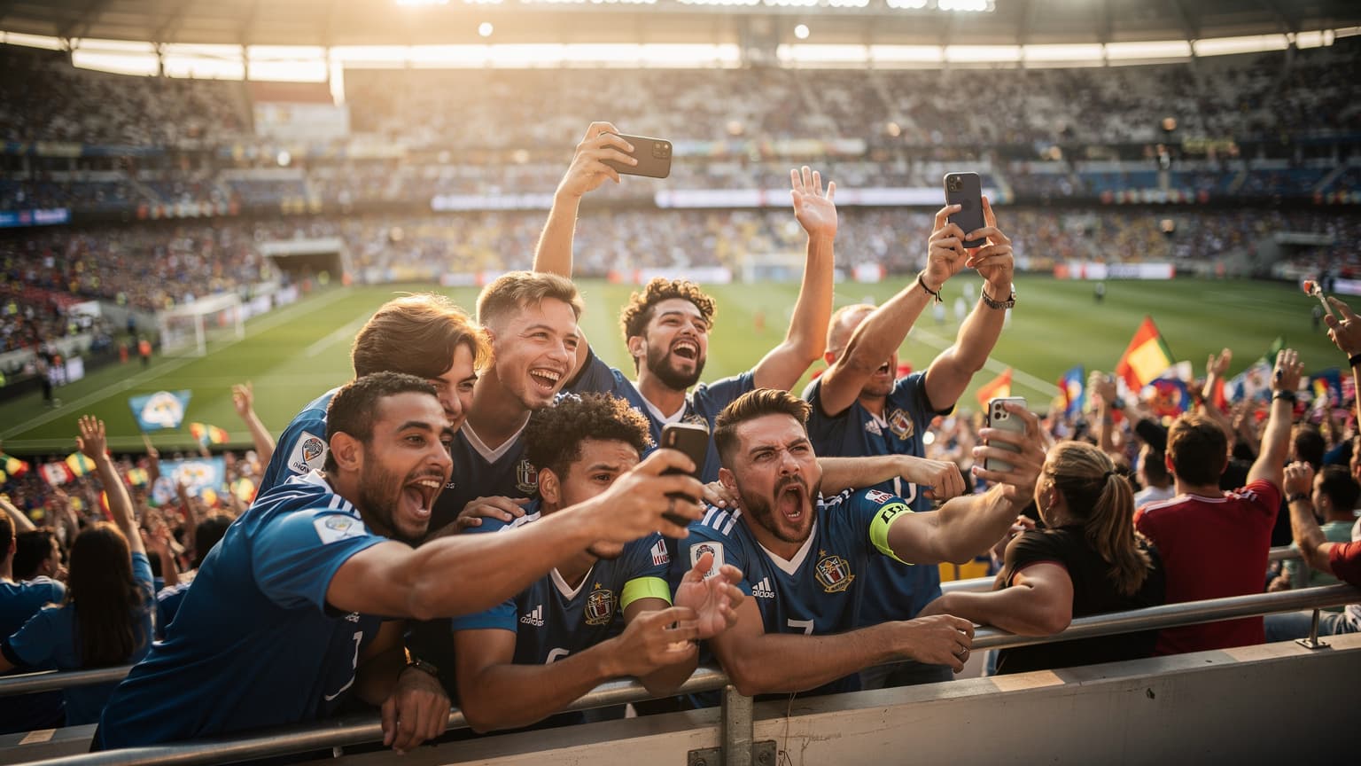 Un grupo de amigos animando a su selección con sus teléfonos en la mano en un estadio lleno durante la Copa América 2026.