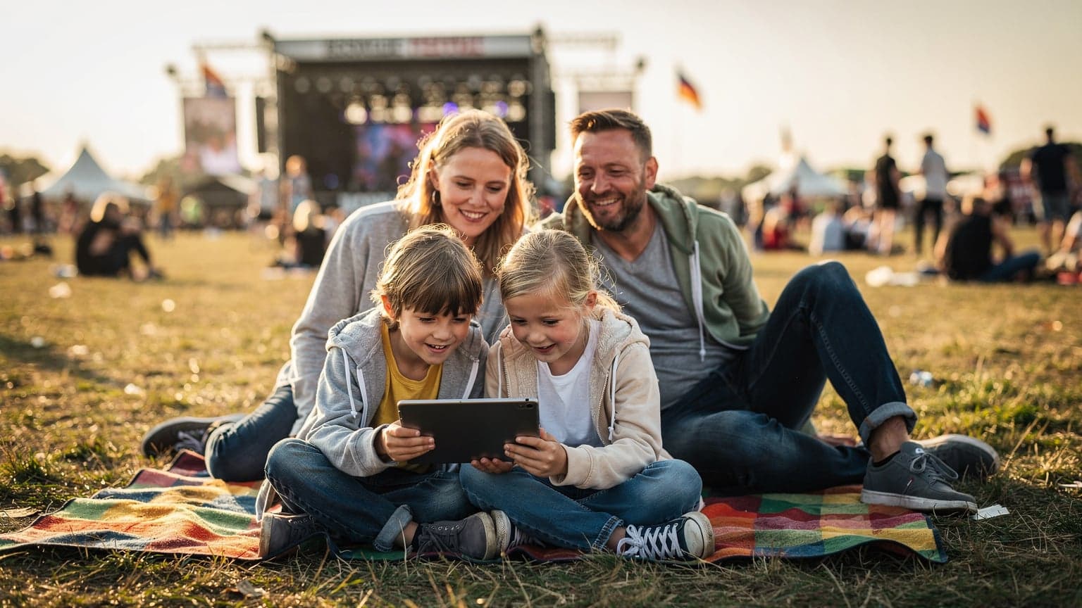 En familie på Roskilde Festival, forældre og to børn sidder på et tæppe foran en scene, børnene ser på en iPad, mens forældrene smiler og holder øje med dem. Solen skinner på dem.