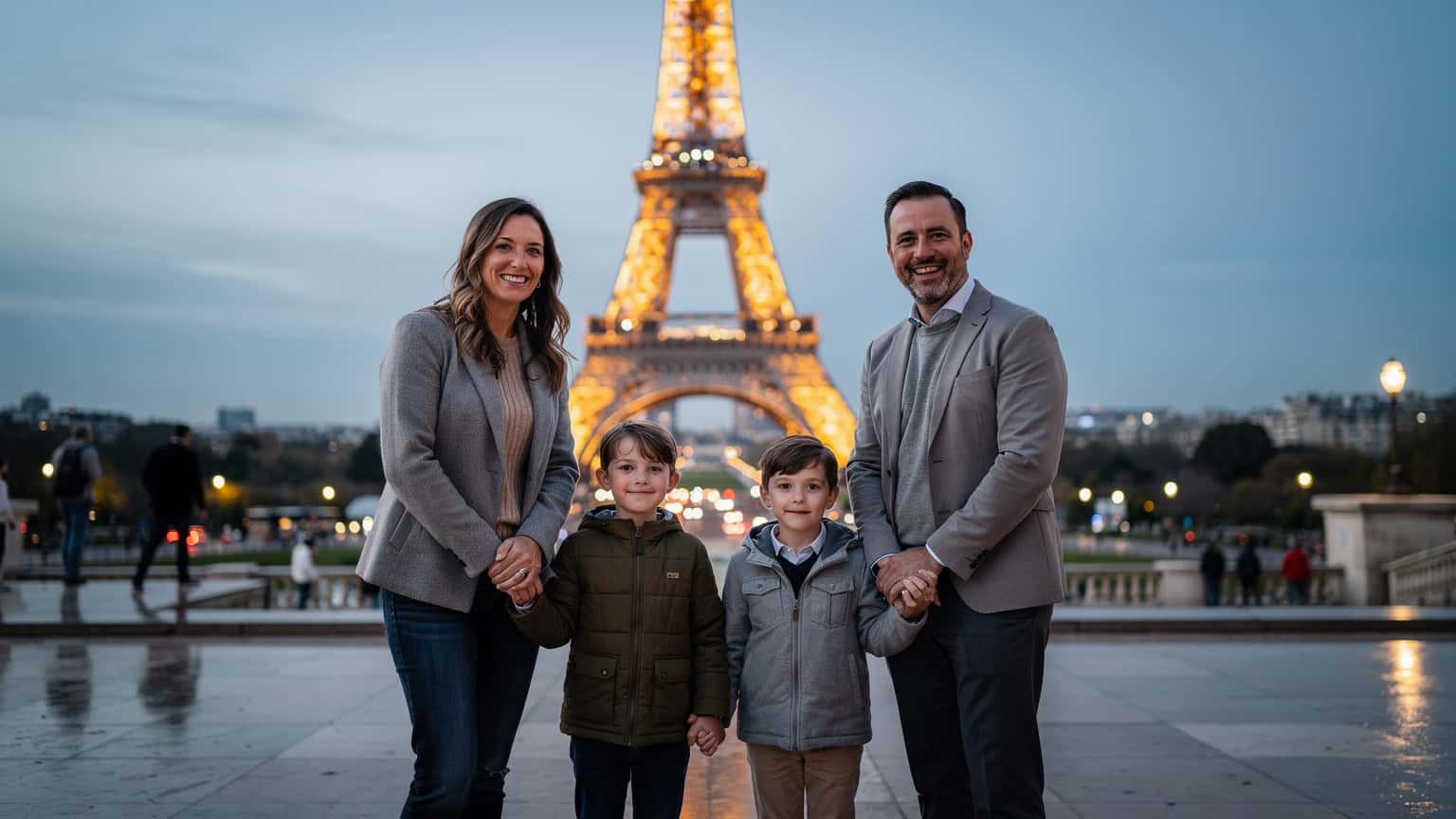 Eine Familie, bestehend aus zwei Erwachsenen und zwei Kindern, blickt auf den Eiffelturm in Paris bei Sonnenuntergang, während die Eltern die Hände der Kinder halten.