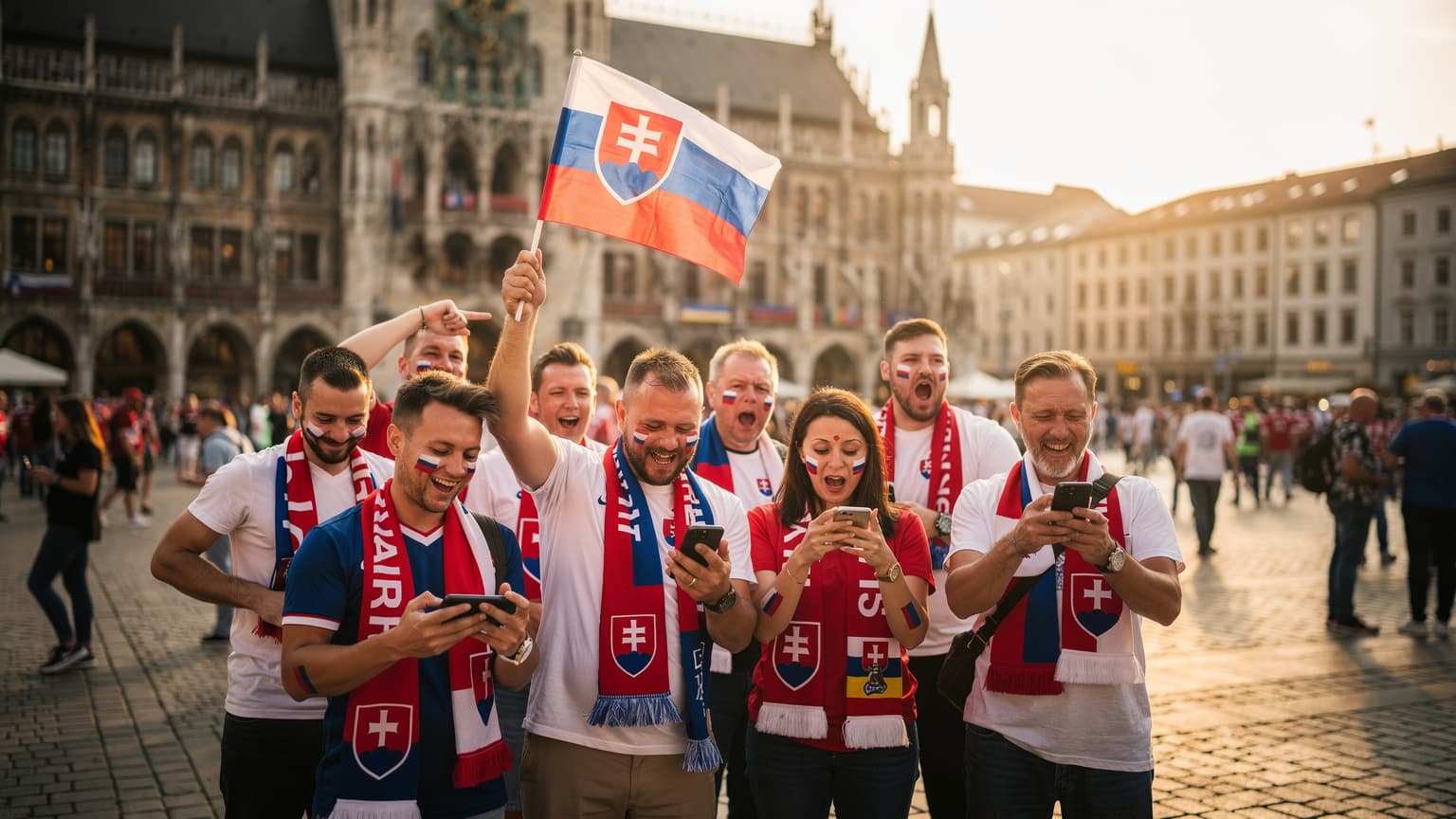Futbaloví fanúšikovia so slovenskými vlajkami a smartfónmi na námestí v Mníchove, oslavujúci gól počas Euro 2028, s historickou budovou v pozadí.